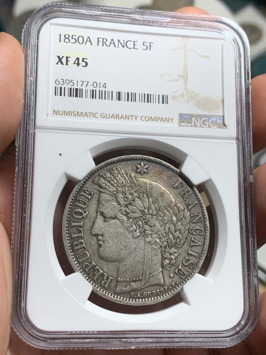 《竞宝斋》第77场-本周日，周一，周四3场拍卖（全场不限金额包邮） NGC-XF45 法国 1850-A年 谷物女神5法郎 大银币 原味好品