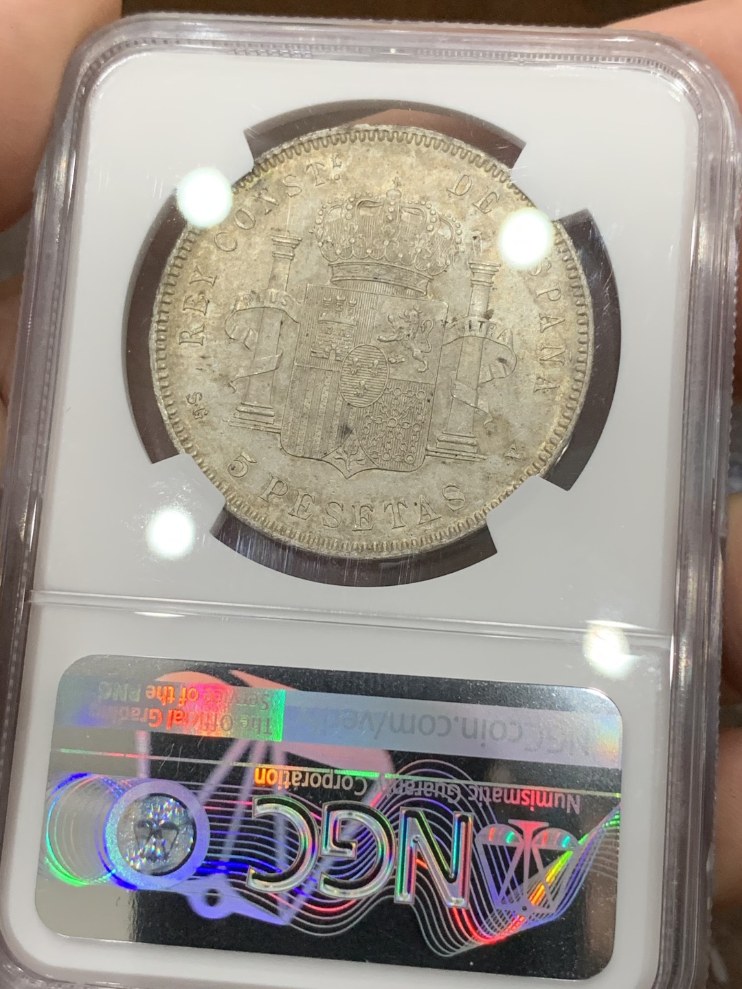 《竞宝斋》第77场-本周日，周一，周四3场拍卖（全场不限金额包邮） NGC MS61 西班牙 1899年 阿方索十三世 5比塞塔 银币淡彩包浆 细节很好