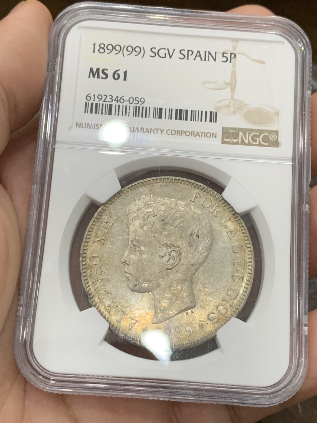 《竞宝斋》第77场-本周日，周一，周四3场拍卖（全场不限金额包邮） NGC MS61 西班牙 1899年 阿方索十三世 5比塞塔 银币淡彩包浆 细节很好