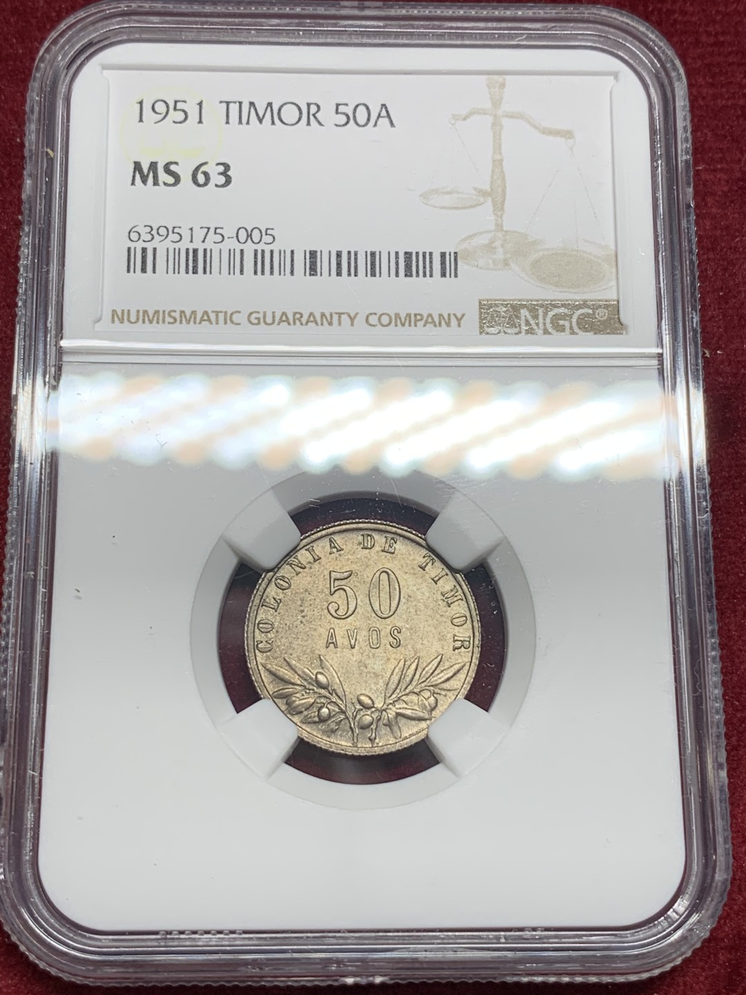 《竞宝斋》第77场-本周日，周一，周四3场拍卖（全场不限金额包邮） NGC-MS63 东帝汶 1951年 50AVOS 银币 少见品 更高分也就7枚