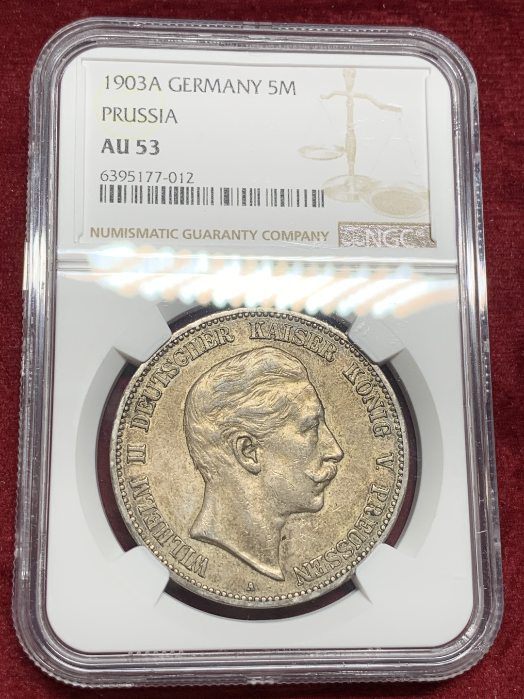《竞宝斋》第77场-本周日，周一，周四3场拍卖（全场不限金额包邮） NGC-AU53 德国普鲁士 1903年 威廉二世5马克 大银币 原味老包浆 很漂亮
