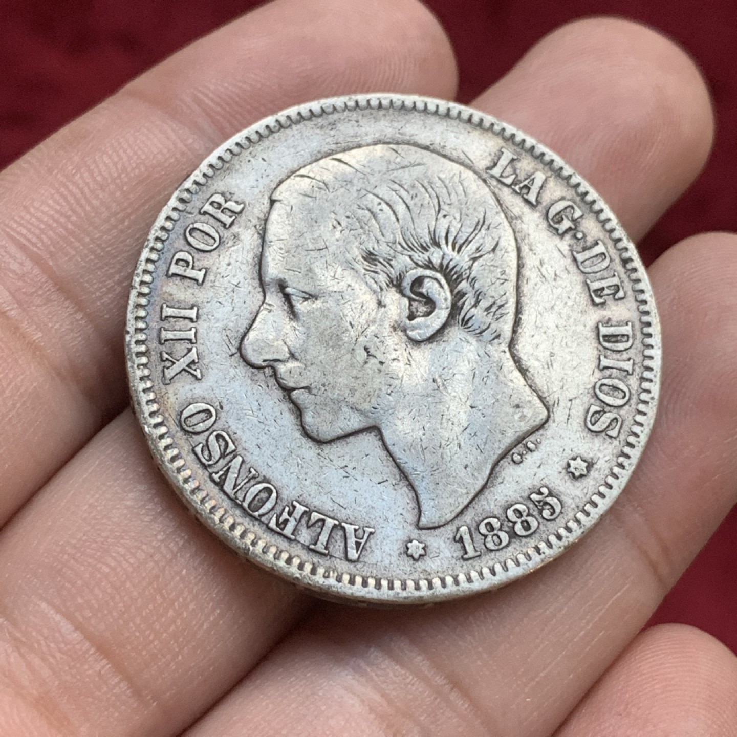 《竞宝斋》第77场-本周日，周一，周四3场拍卖（全场不限金额包邮） 西班牙 1885年 阿方索十二世 老年版 5比塞塔 大银币 原味好品