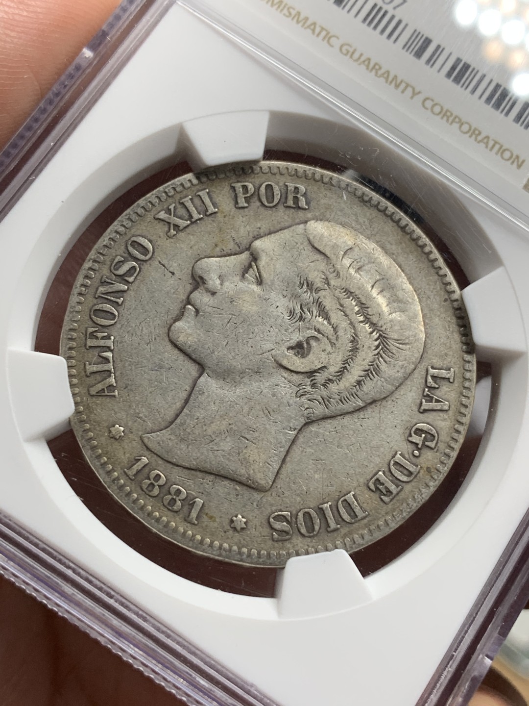 《竞宝斋》第77场-本周日，周一，周四3场拍卖（全场不限金额包邮） NGC VF35 西班牙 1881年 阿方索十二世 5比塞塔 大银币 原味包浆