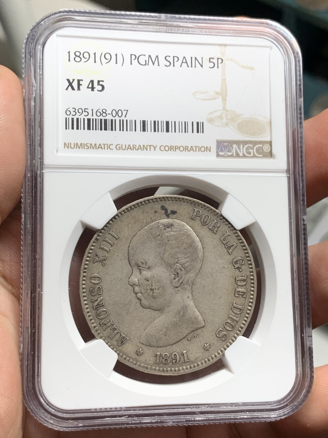 《竞宝斋》第77场-本周日，周一，周四3场拍卖（全场不限金额包邮） NGC-XF45 西班牙 1891年 阿方索十三世 5比塞塔双柱大银币 原味品