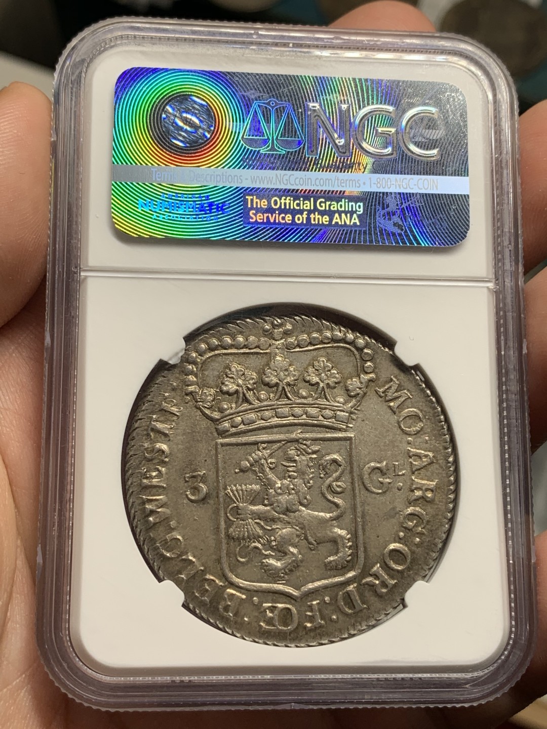《竞宝斋》第77场-本周日，周一，周四3场拍卖（全场不限金额包邮） NGC-MS63 荷兰 1794年 站人3盾大银币 高分深打 脸部非常的清晰 包浆也很不错
