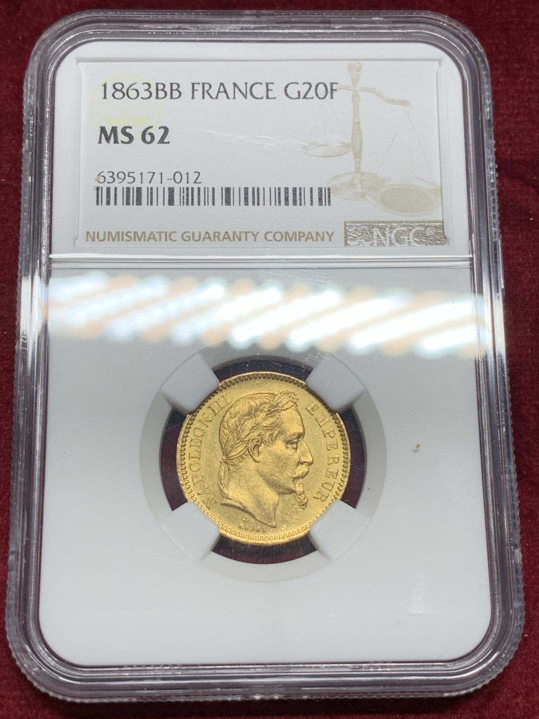 《竞宝斋》第77场-本周日，周一，周四3场拍卖（全场不限金额包邮） NGC-MS62 法国 1863-BB年拿破仑三世 斯特拉斯堡厂造 20法郎金币 拿三磨损居多 有MS62挺不错