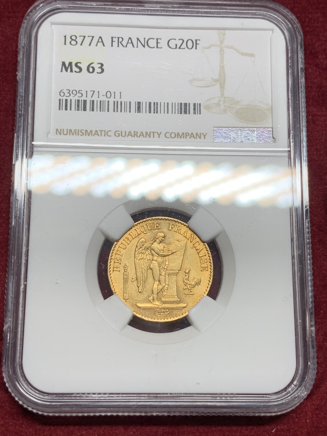 《竞宝斋》第77场-本周日，周一，周四3场拍卖（全场不限金额包邮） NGC-MS63 法国1877年 天使圣经 早期版20法郎金币 非常难得