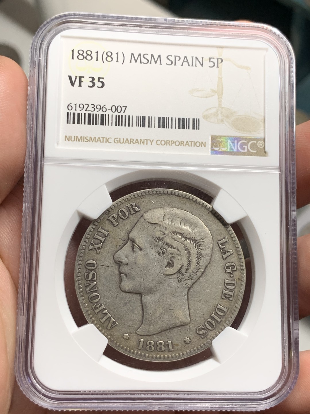 《竞宝斋》第77场-本周日，周一，周四3场拍卖（全场不限金额包邮） NGC VF35 西班牙 1881年 阿方索十二世 5比塞塔 大银币 原味包浆