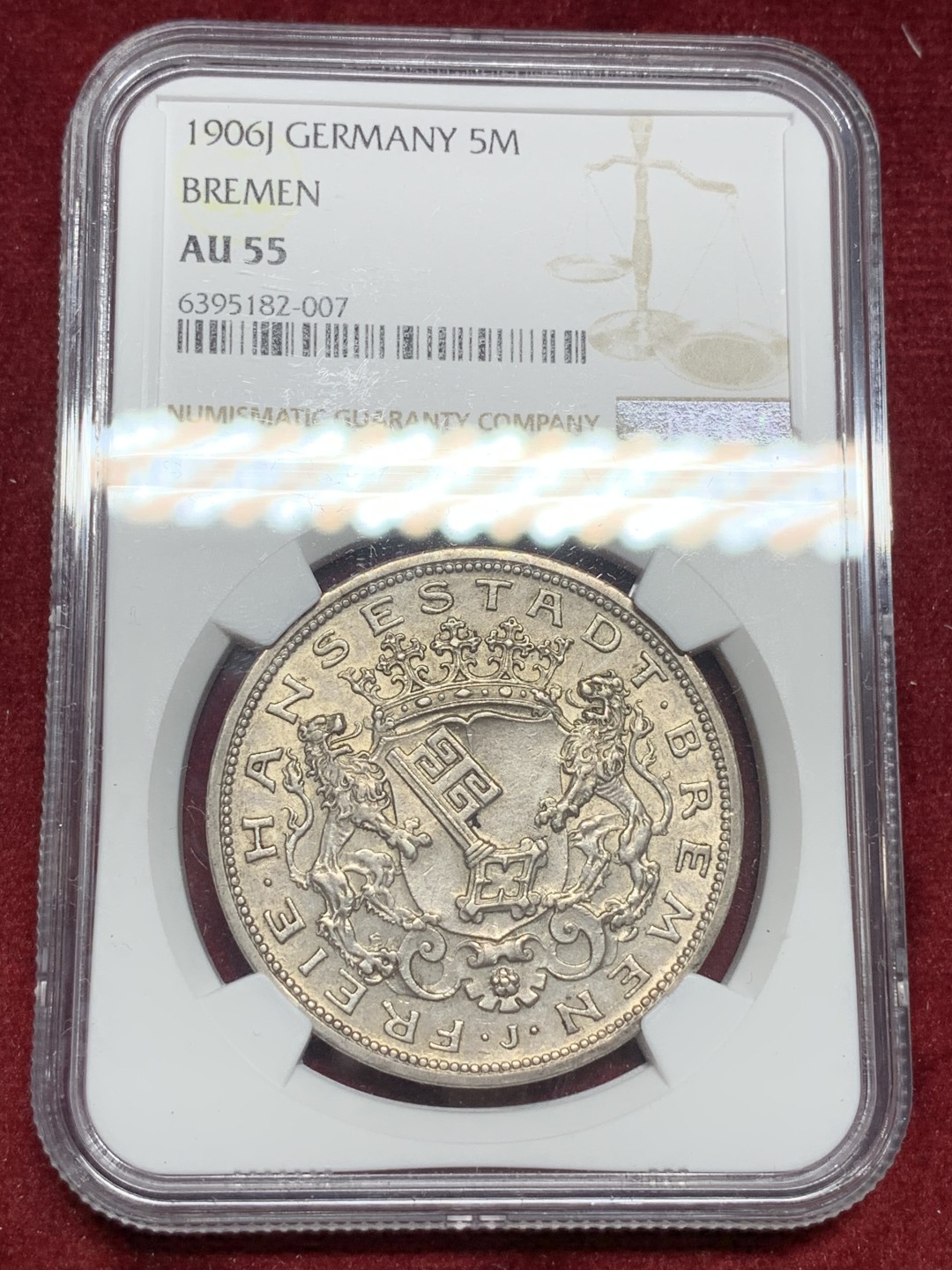《竞宝斋》第77场-本周日，周一，周四3场拍卖（全场不限金额包邮） NGC-AU55 德国不来梅 1906-J年 狮子盾牌 5马克大银币 原味好品 稀少邦州