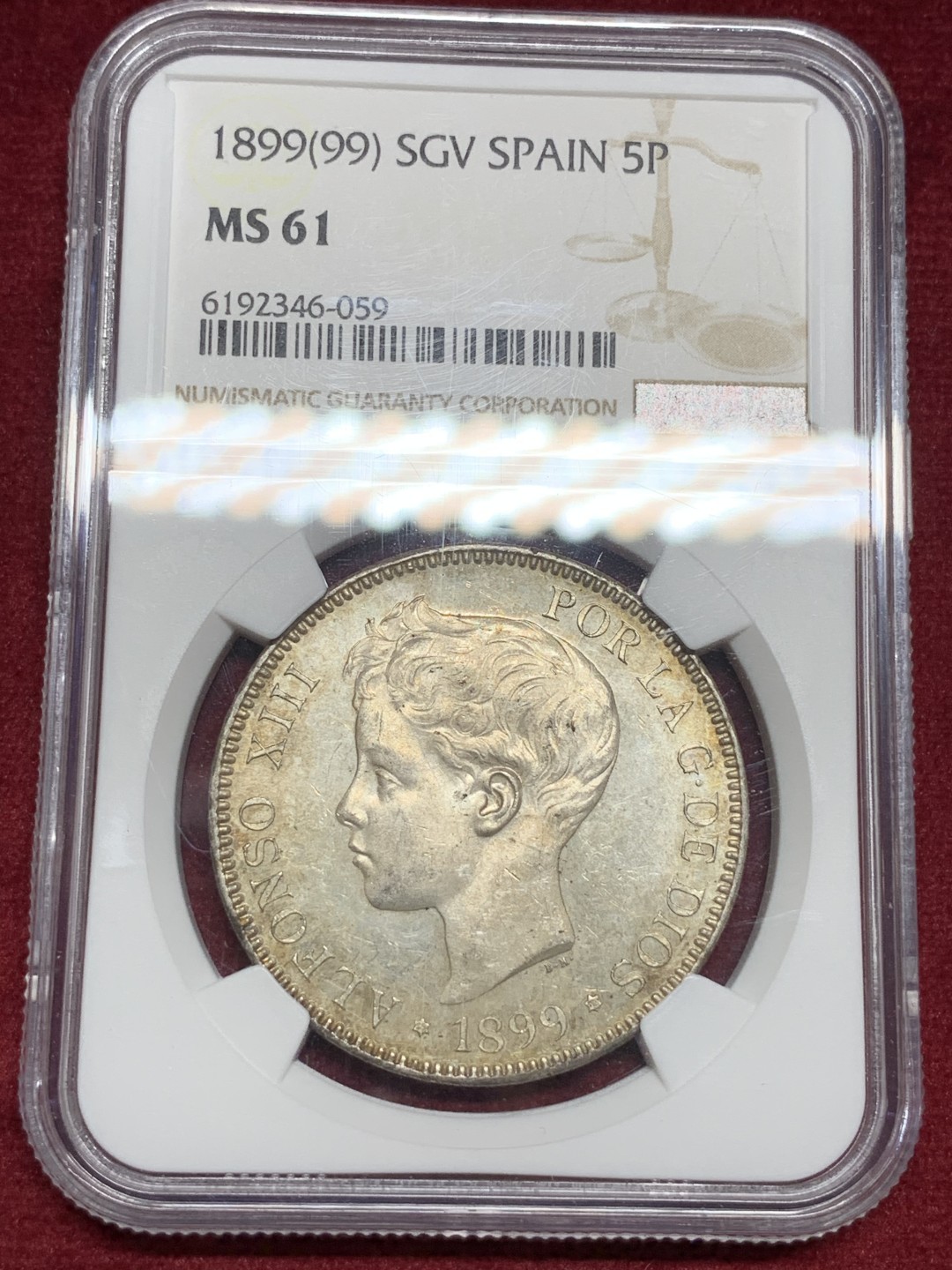《竞宝斋》第77场-本周日，周一，周四3场拍卖（全场不限金额包邮） NGC MS61 西班牙 1899年 阿方索十三世 5比塞塔 银币淡彩包浆 细节很好