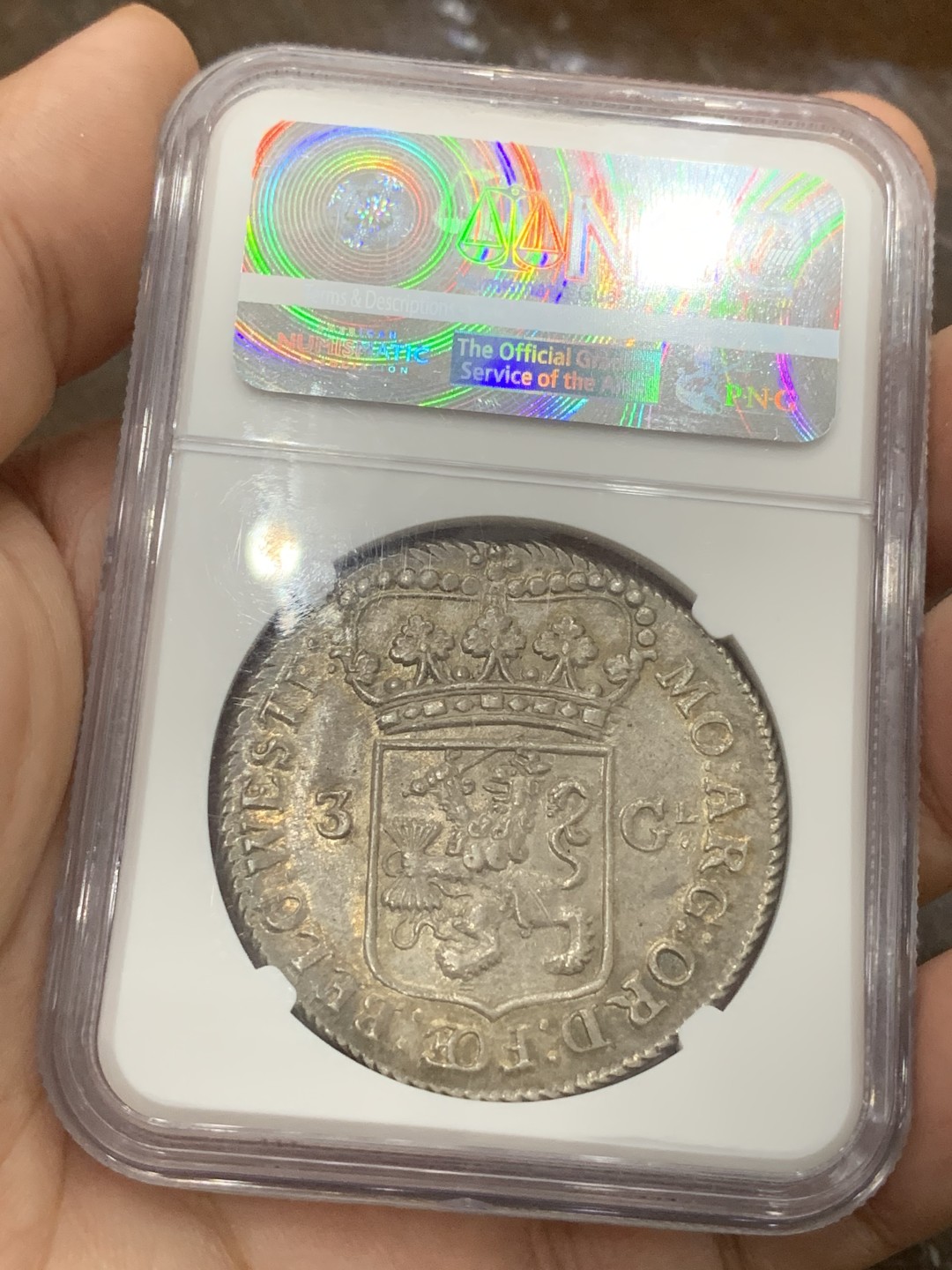 《竞宝斋》第77场-本周日，周一，周四3场拍卖（全场不限金额包邮） NGC-MS63 荷兰 1794年 站人3盾大银币 高分深打 脸部非常的清晰 包浆也很不错