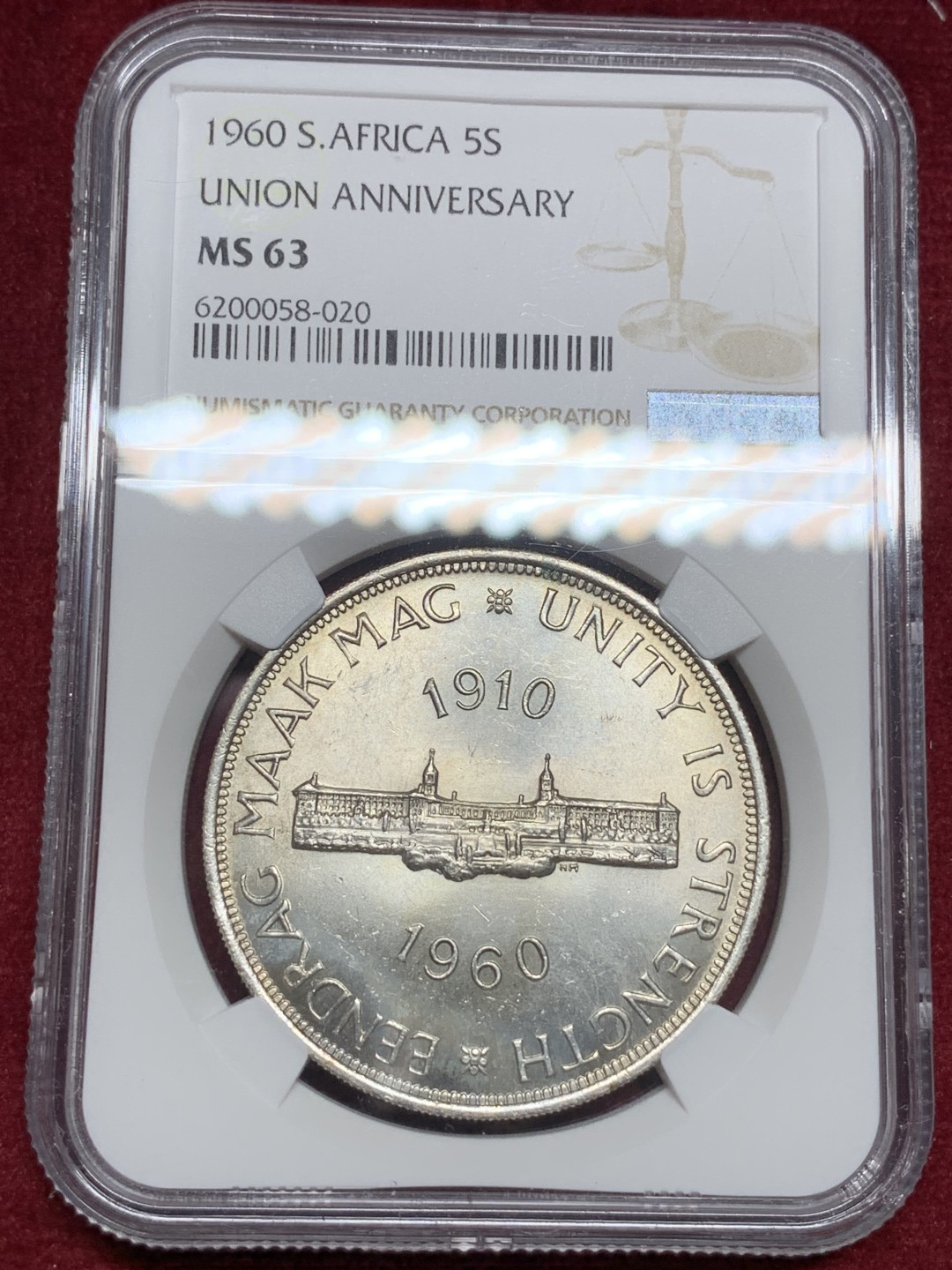 《竞宝斋》第77场-本周日，周一，周四3场拍卖（全场不限金额包邮） NGC MS63 英属南非1960年南非联盟成立50周年纪念5先令大银币