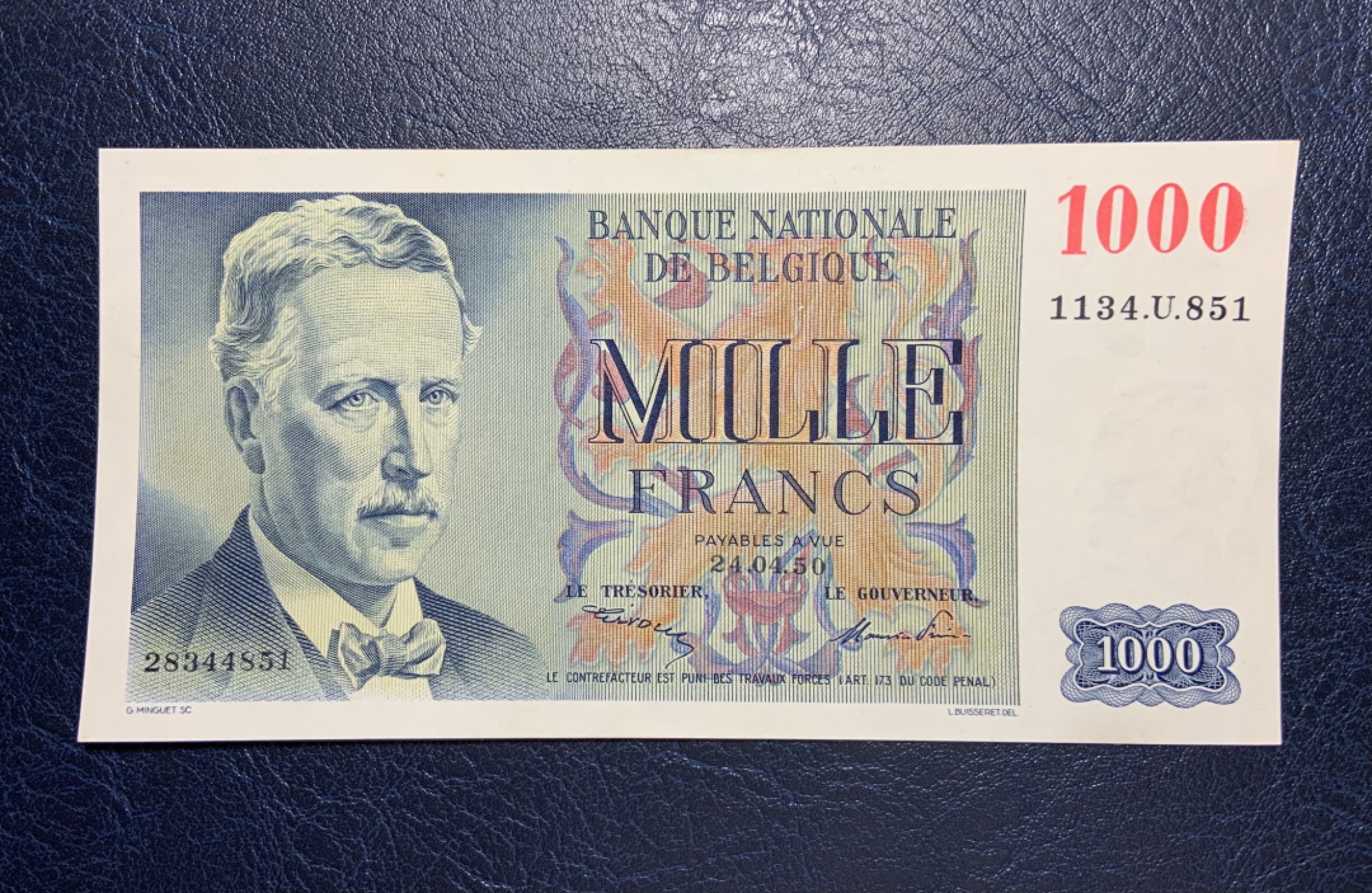 收藏联盟Quantum Auction 第179期拍卖 比利时1950年1000法郎 品相AU 阿尔贝一世和伊瑟河战役 法属风格