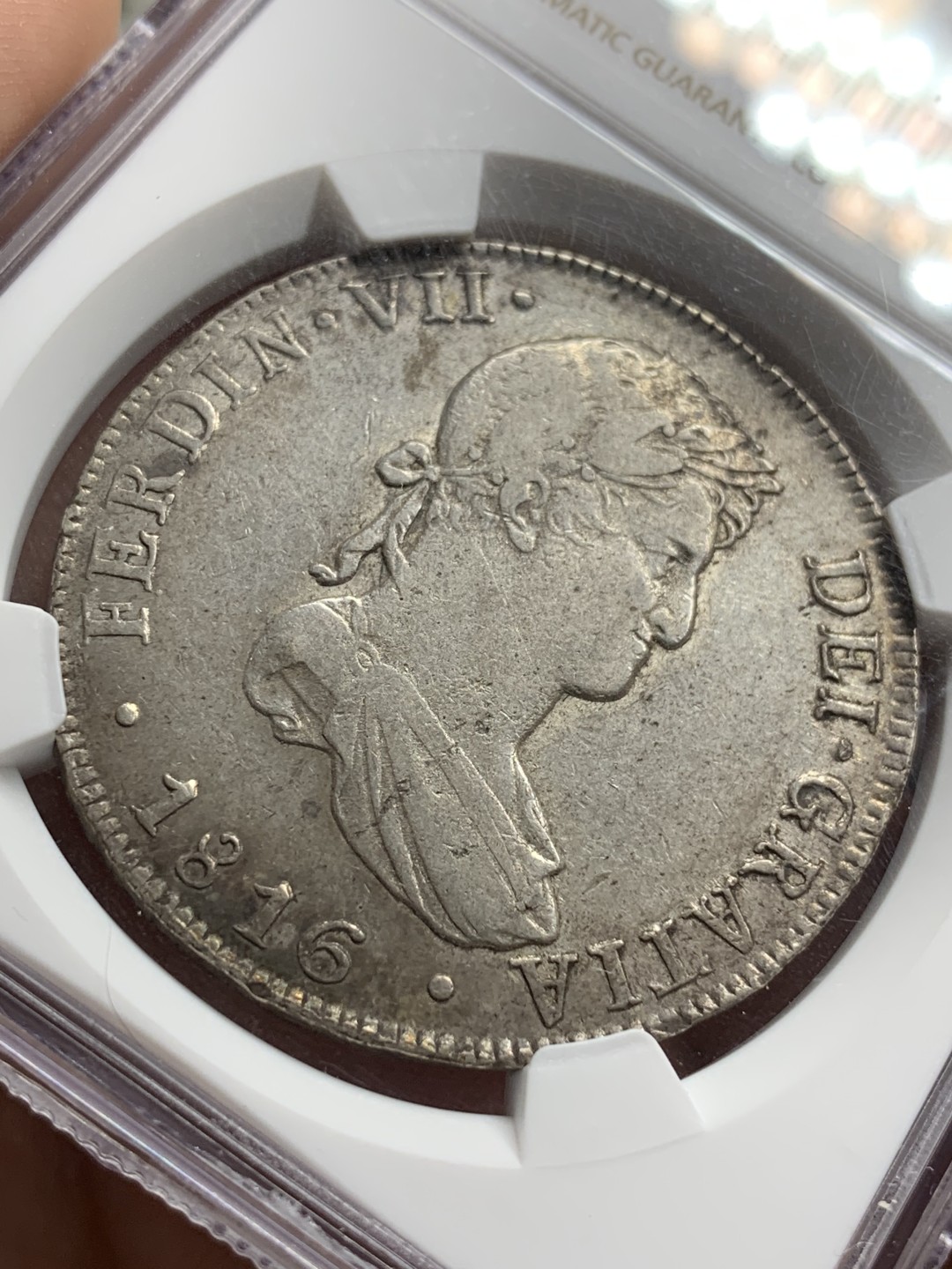 《竞宝斋》第77场-本周日，周一，周四3场拍卖（全场不限金额包邮） NGC AU53   秘鲁利马 1816年 费七 8R 双柱 大银币 原味包浆