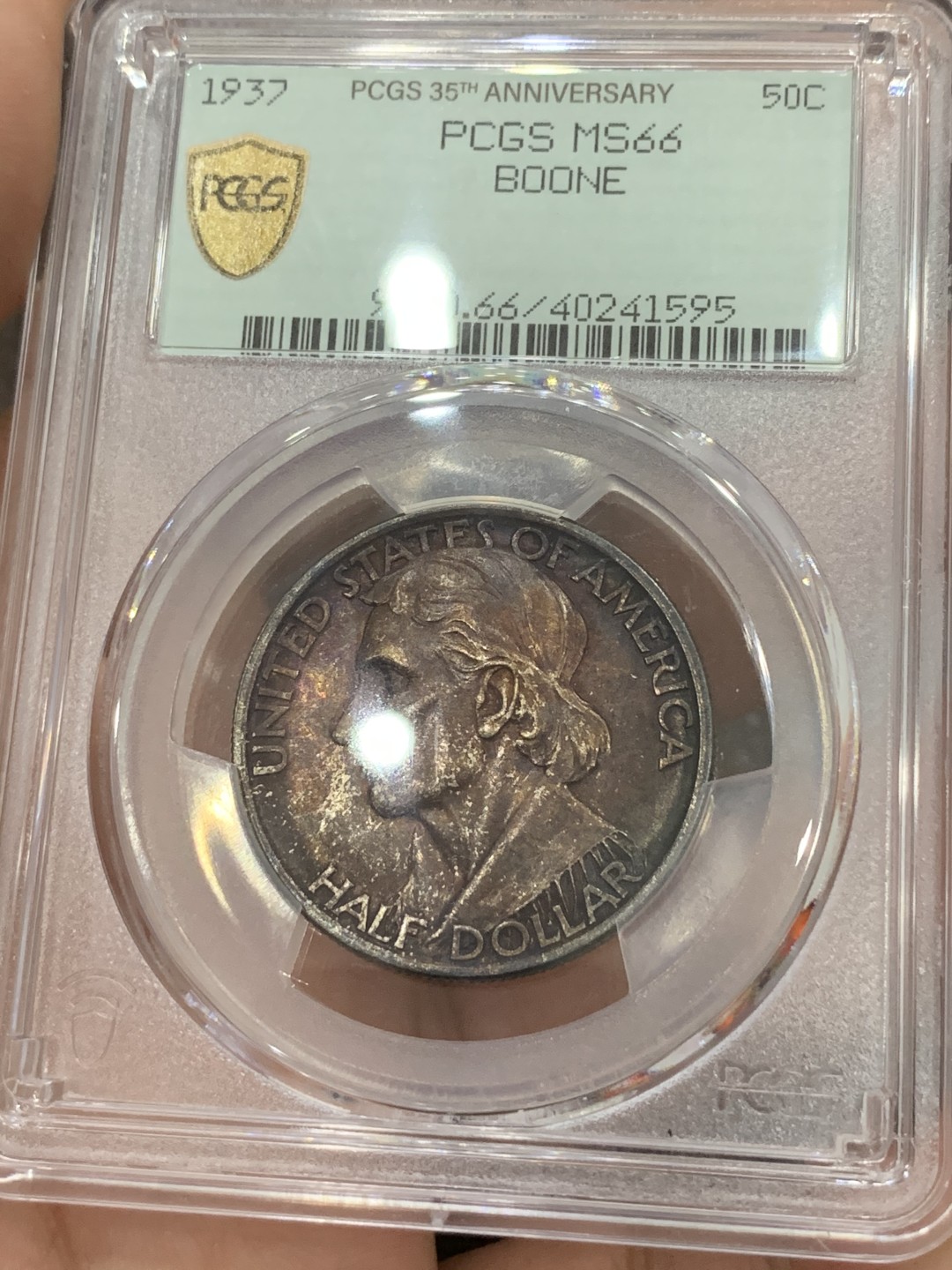 《竞宝斋》第77场-本周日，周一，周四3场拍卖（全场不限金额包邮） PCGS-MS66 美国 1937年 布恩 半美元纪念银币 高分+双面深红色包浆+35周年纪念标 一步到位