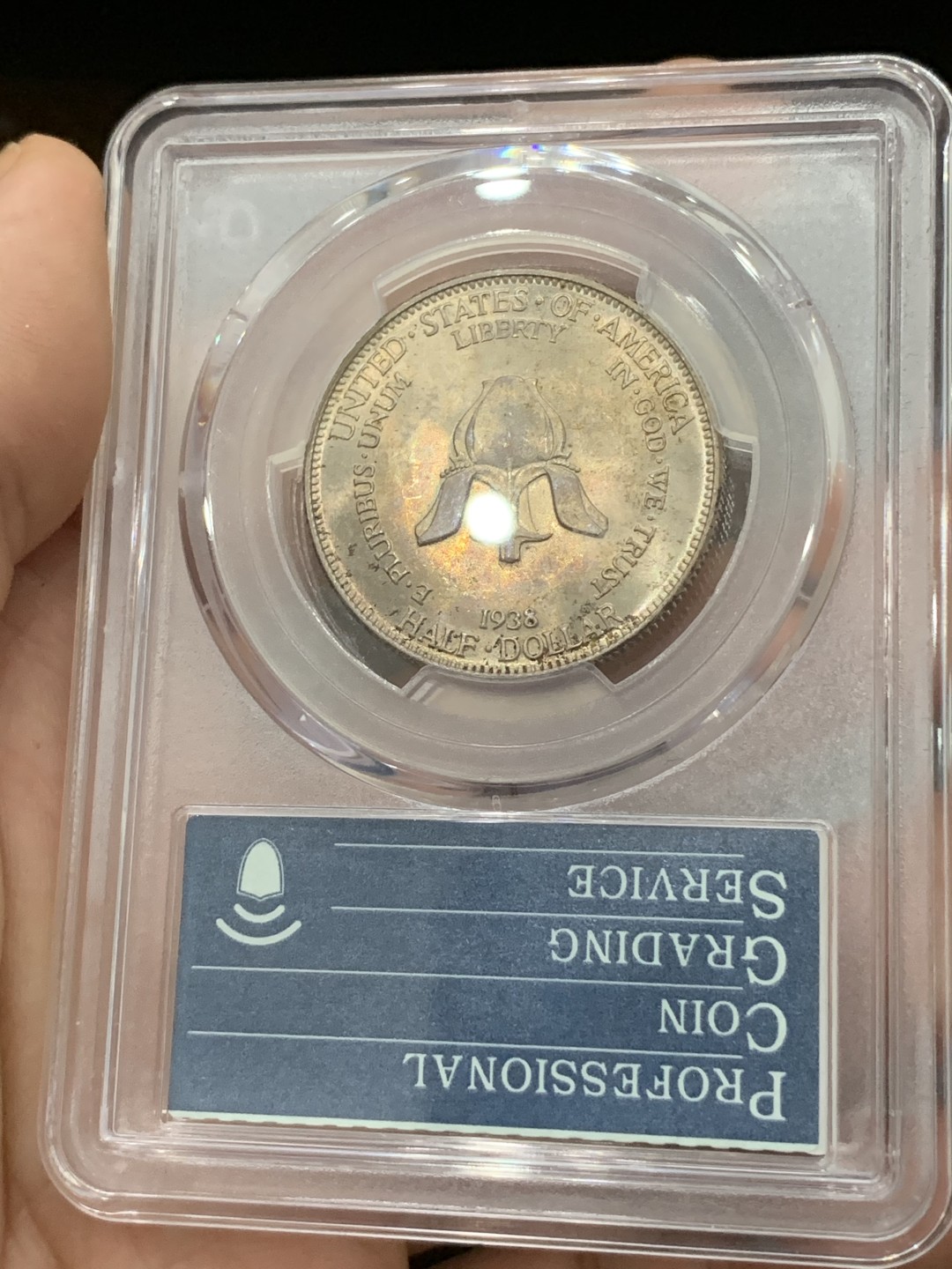 《竞宝斋》第77场-本周日，周一，周四3场拍卖（全场不限金额包邮） PCGS-MS65 美国 1938年 新罗歇尔州 半美元纪念银币 淡黄色包浆 35周年纪念标