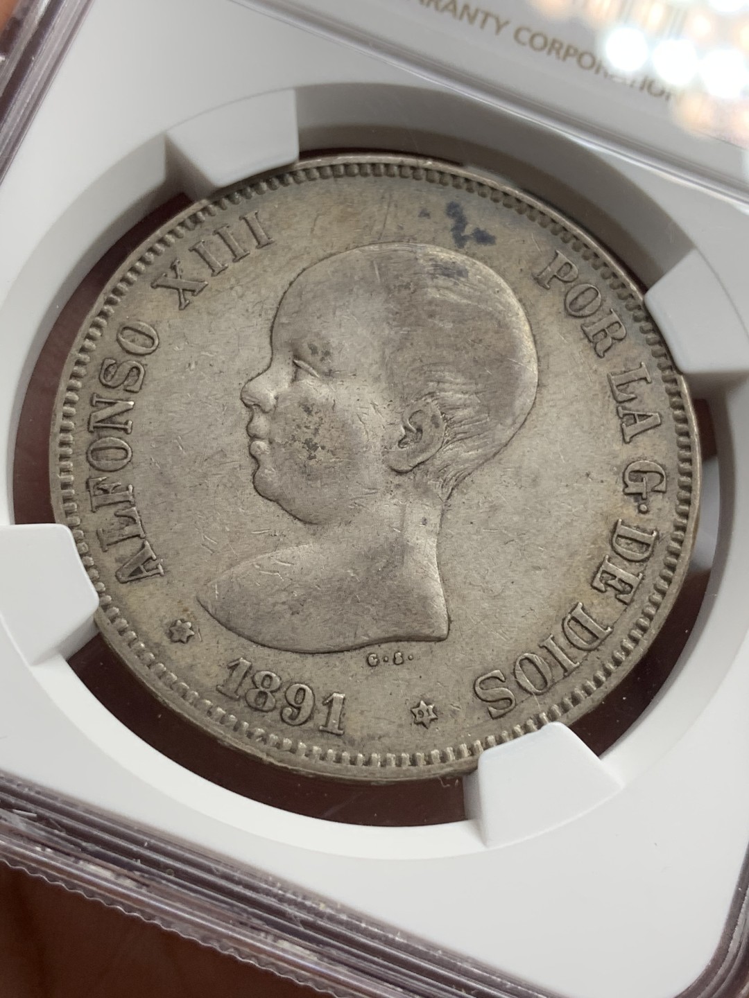 《竞宝斋》第77场-本周日，周一，周四3场拍卖（全场不限金额包邮） NGC-XF45 西班牙 1891年 阿方索十三世 5比塞塔双柱大银币 原味品