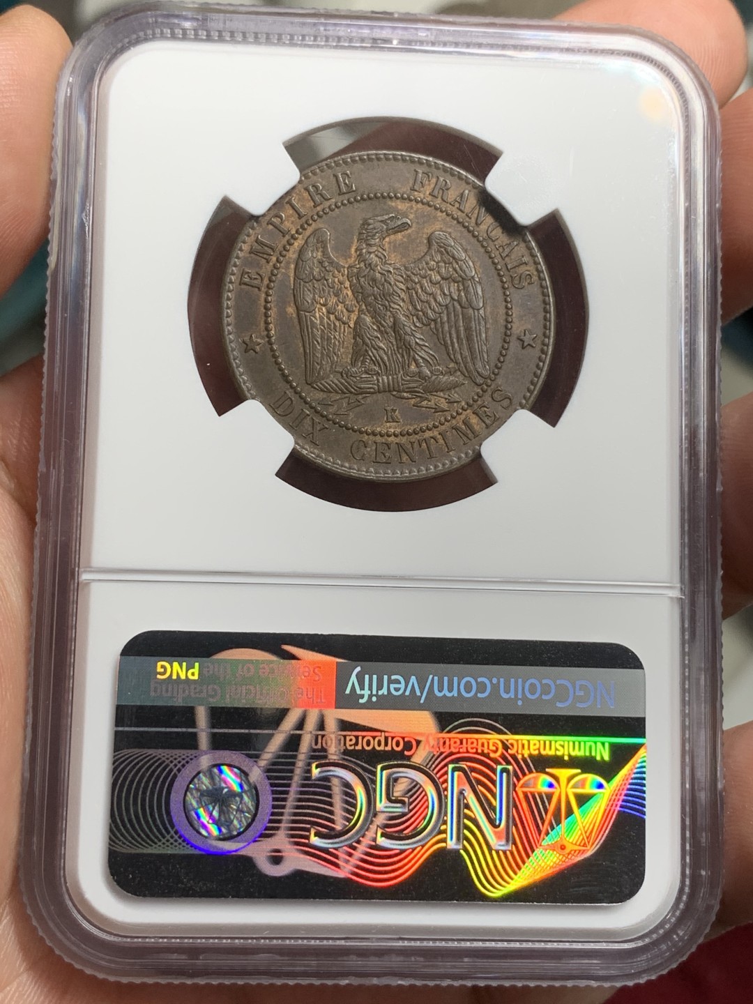 《竞宝斋》第77场-本周日，周一，周四3场拍卖（全场不限金额包邮） 第三名 NGC-MS63 法国1862-K年 拿三 波尔多厂造10分铜币 普通的都是巴黎厂造 此厂极其稀少