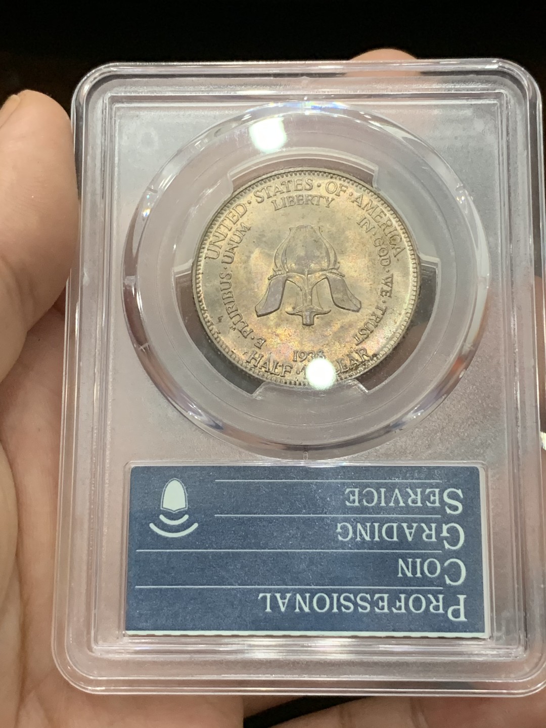 《竞宝斋》第77场-本周日，周一，周四3场拍卖（全场不限金额包邮） PCGS-MS65 美国 1938年 新罗歇尔州 半美元纪念银币 淡黄色包浆 35周年纪念标