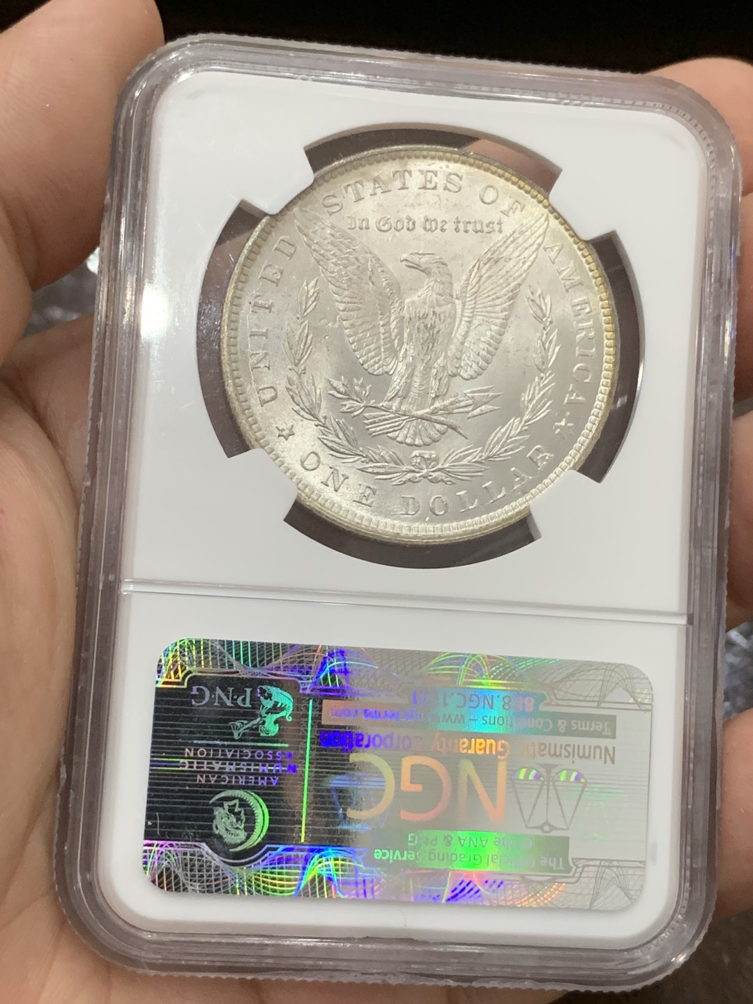 《竞宝斋》第77场-本周日，周一，周四3场拍卖（全场不限金额包邮） NGC-MS64 美国 1896年 1美元摩根银币 正面清新绿包浆，罕见的星号和CAC双认证