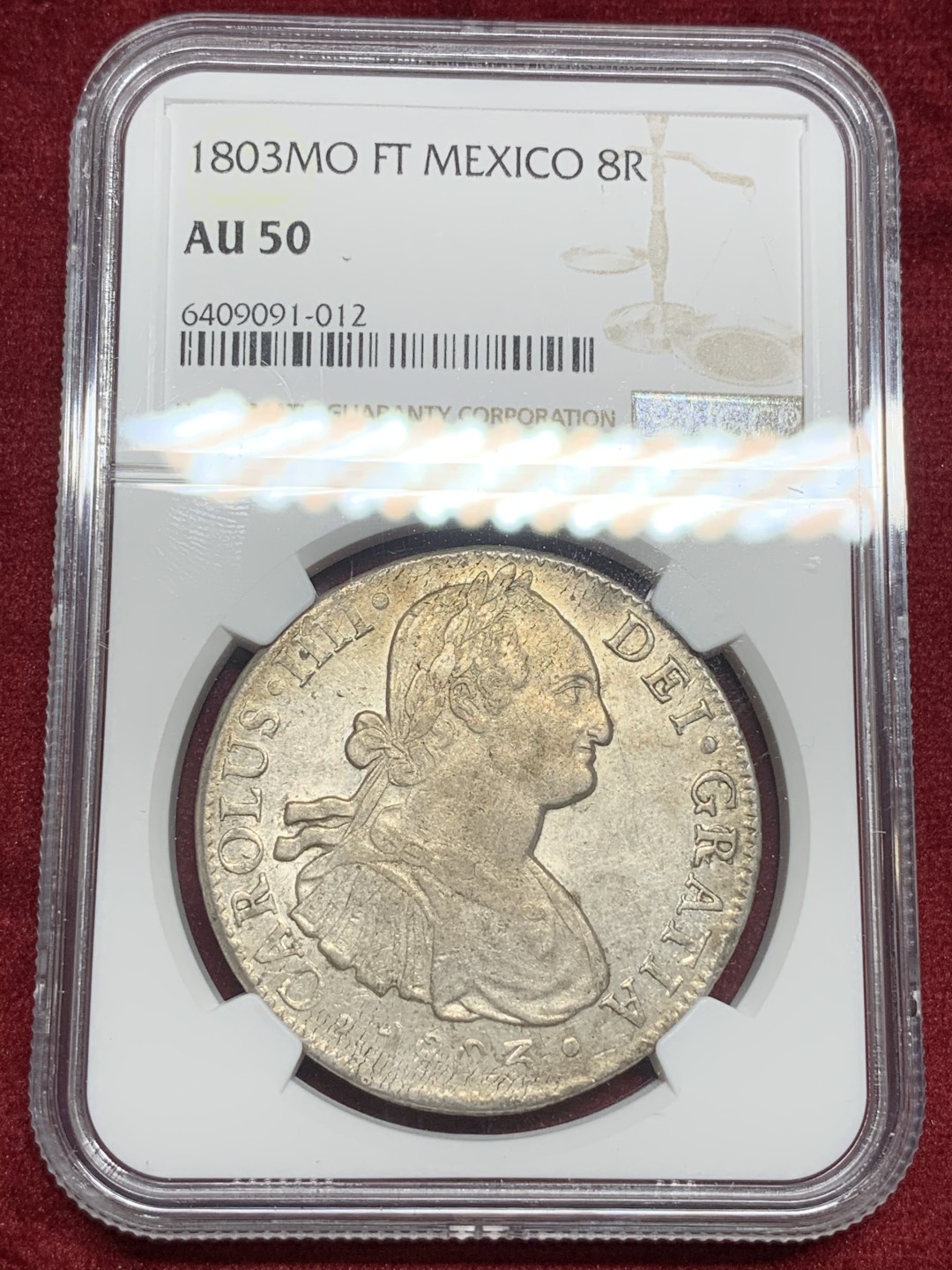 《竞宝斋》第77场-本周日，周一，周四3场拍卖（全场不限金额包邮） NGC AU50 评级 墨西哥 1803年 卡四 8R 双柱银币 双面深打 细节非常好