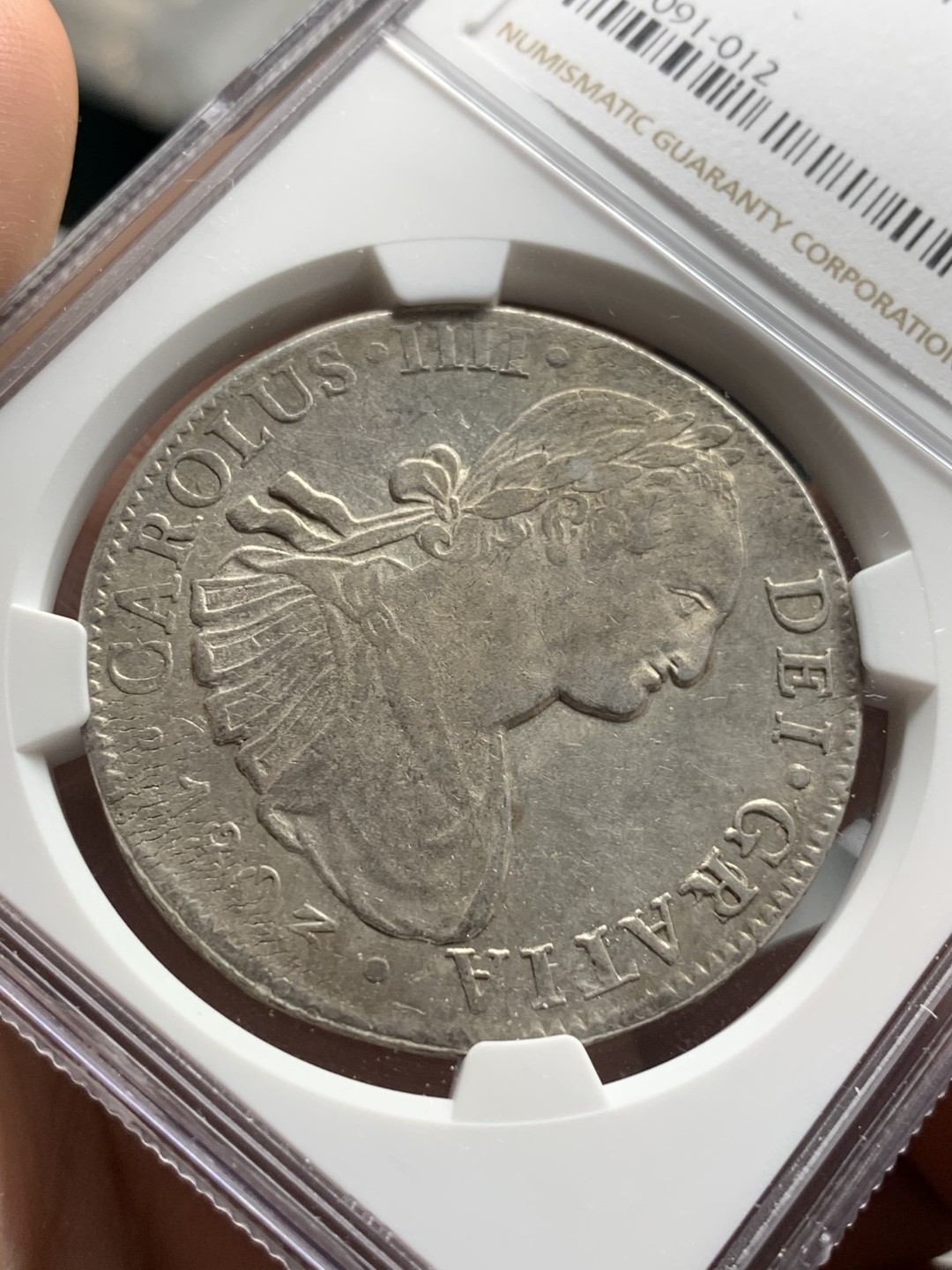 《竞宝斋》第77场-本周日，周一，周四3场拍卖（全场不限金额包邮） NGC AU50 评级 墨西哥 1803年 卡四 8R 双柱银币 双面深打 细节非常好