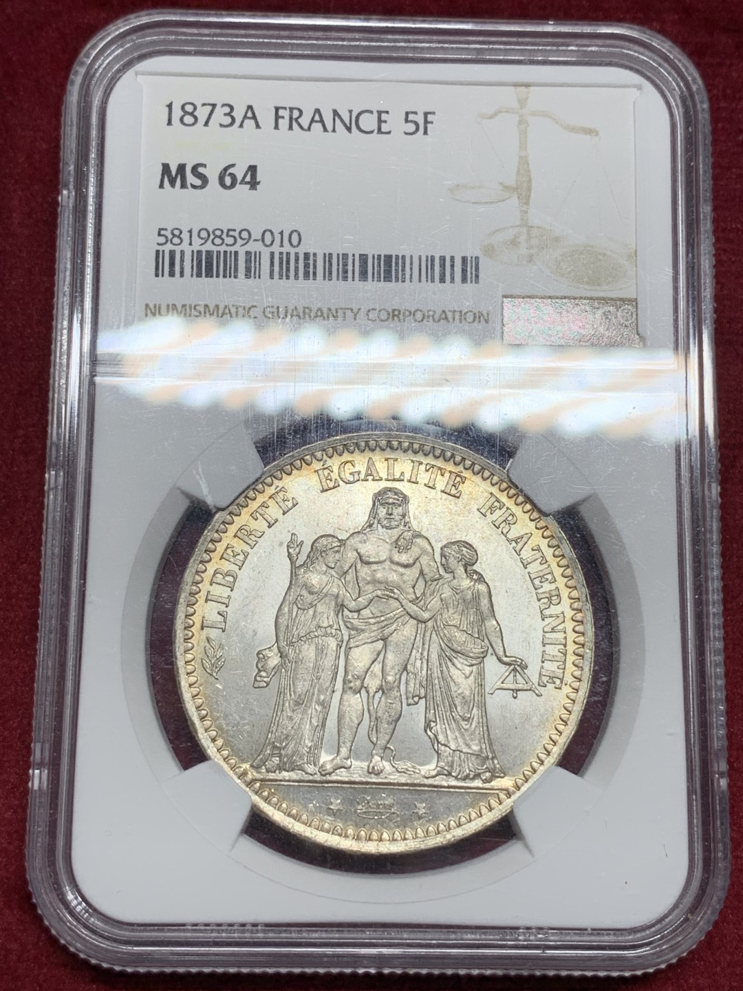 《竞宝斋》第77场-本周日，周一，周四3场拍卖（全场不限金额包邮） NGC-MS64 法国 1873年 大力神5法郎 银币 淡金色环彩 细节好 状态佳 