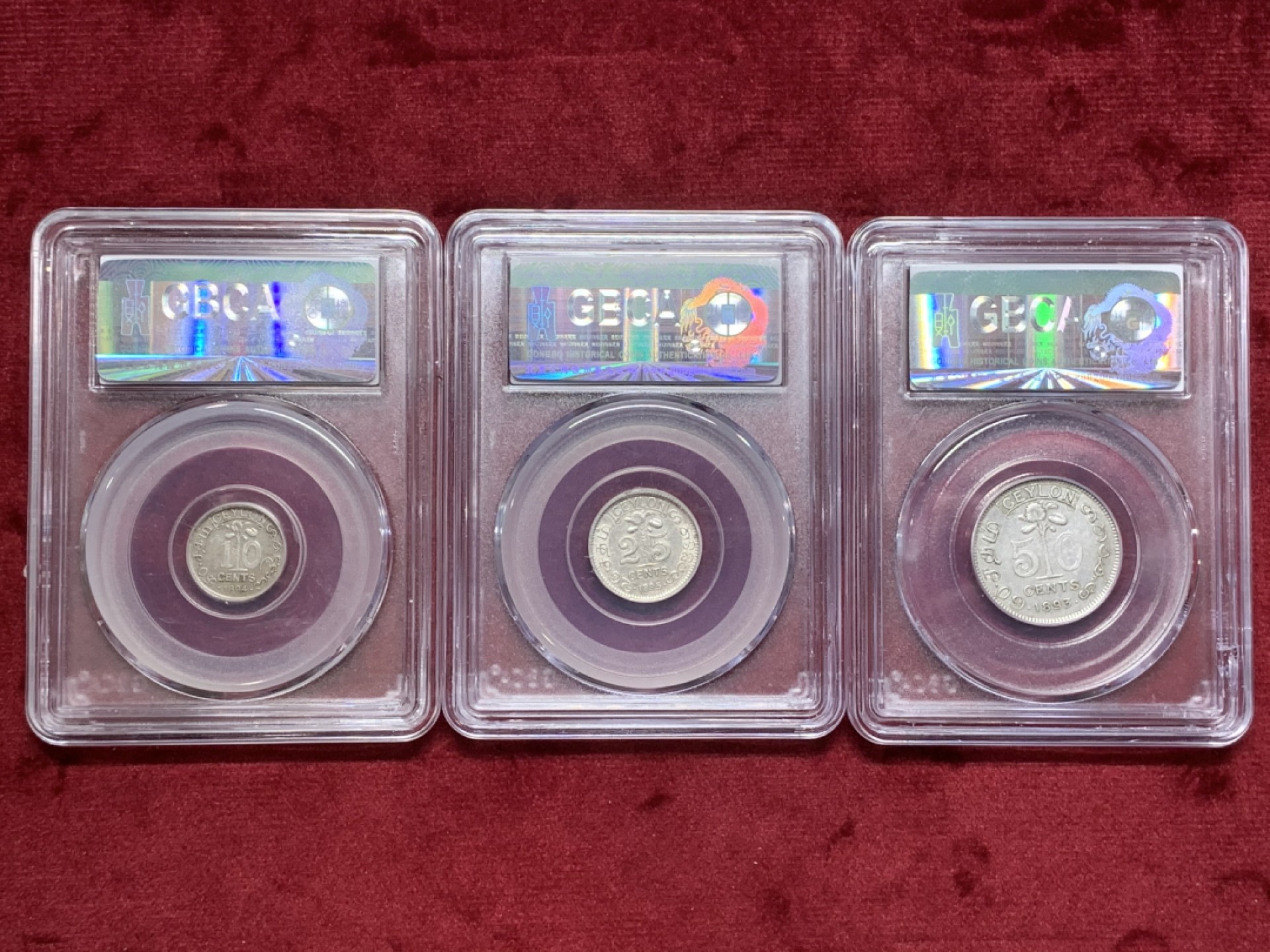 《竞宝斋》第77场-本周日，周一，周四3场拍卖（全场不限金额包邮） （3枚银币一组）公博 AU50 1893年英属锡兰银币50分  公博AU55 1895年英属锡兰银币25分  公博XF45 1894年英属锡兰银币10分