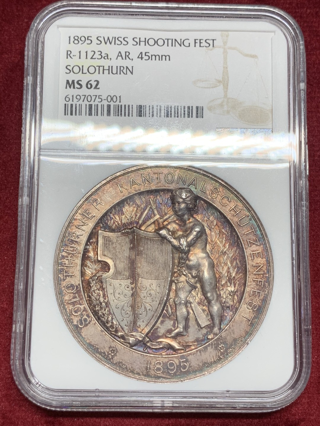 《竞宝斋》第77场-本周日，周一，周四3场拍卖（全场不限金额包邮） NGC-MS62 瑞士索洛图 1895年 射击节 45MM直径大银章 双面粉色包浆 高浮雕 设计精美 季军分