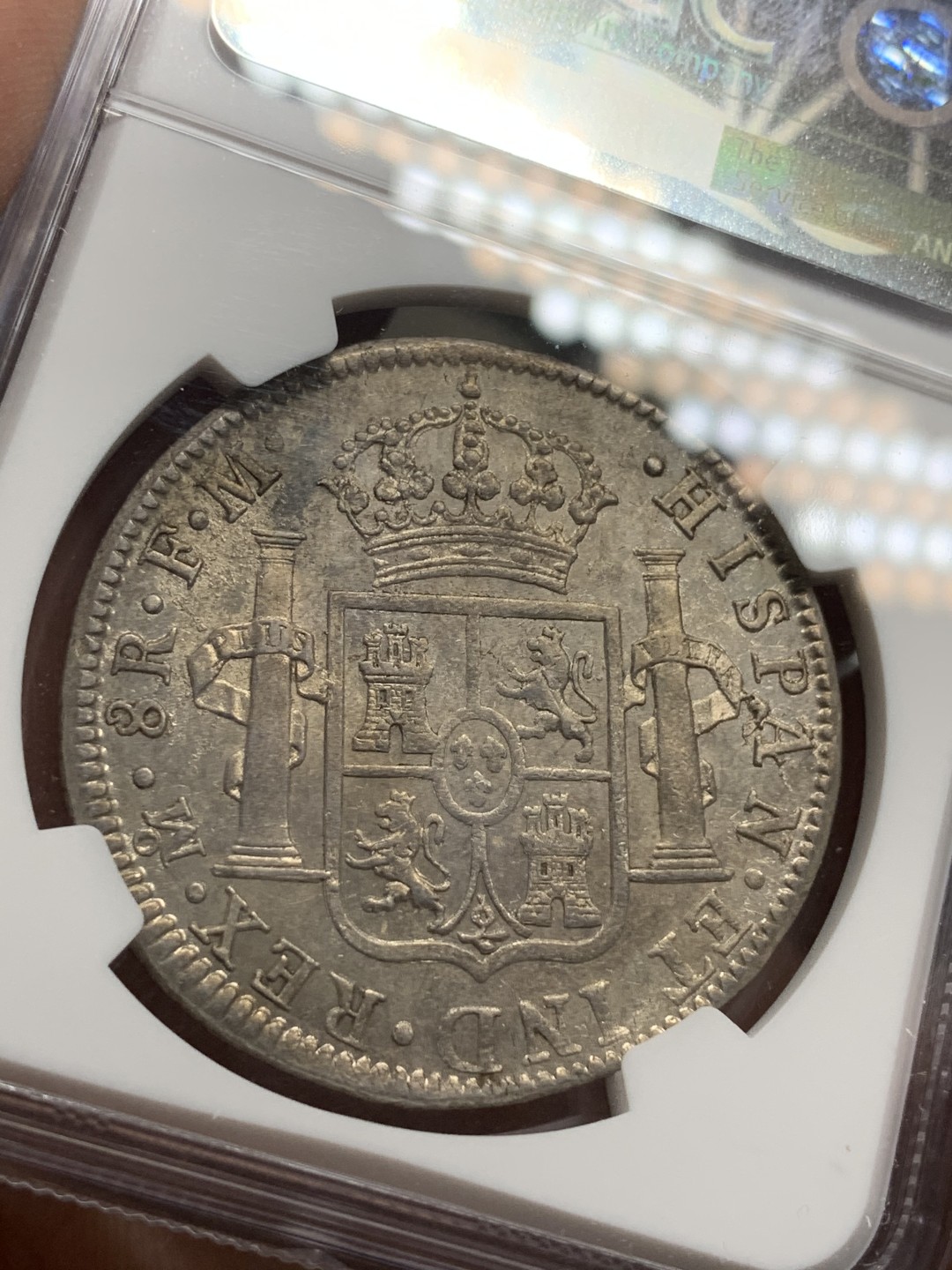 《竞宝斋》第77场-本周日，周一，周四3场拍卖（全场不限金额包邮） NGC AU 评级 墨西哥 1797年 卡四 8R 双柱银币 双面深打 包浆光度都不错