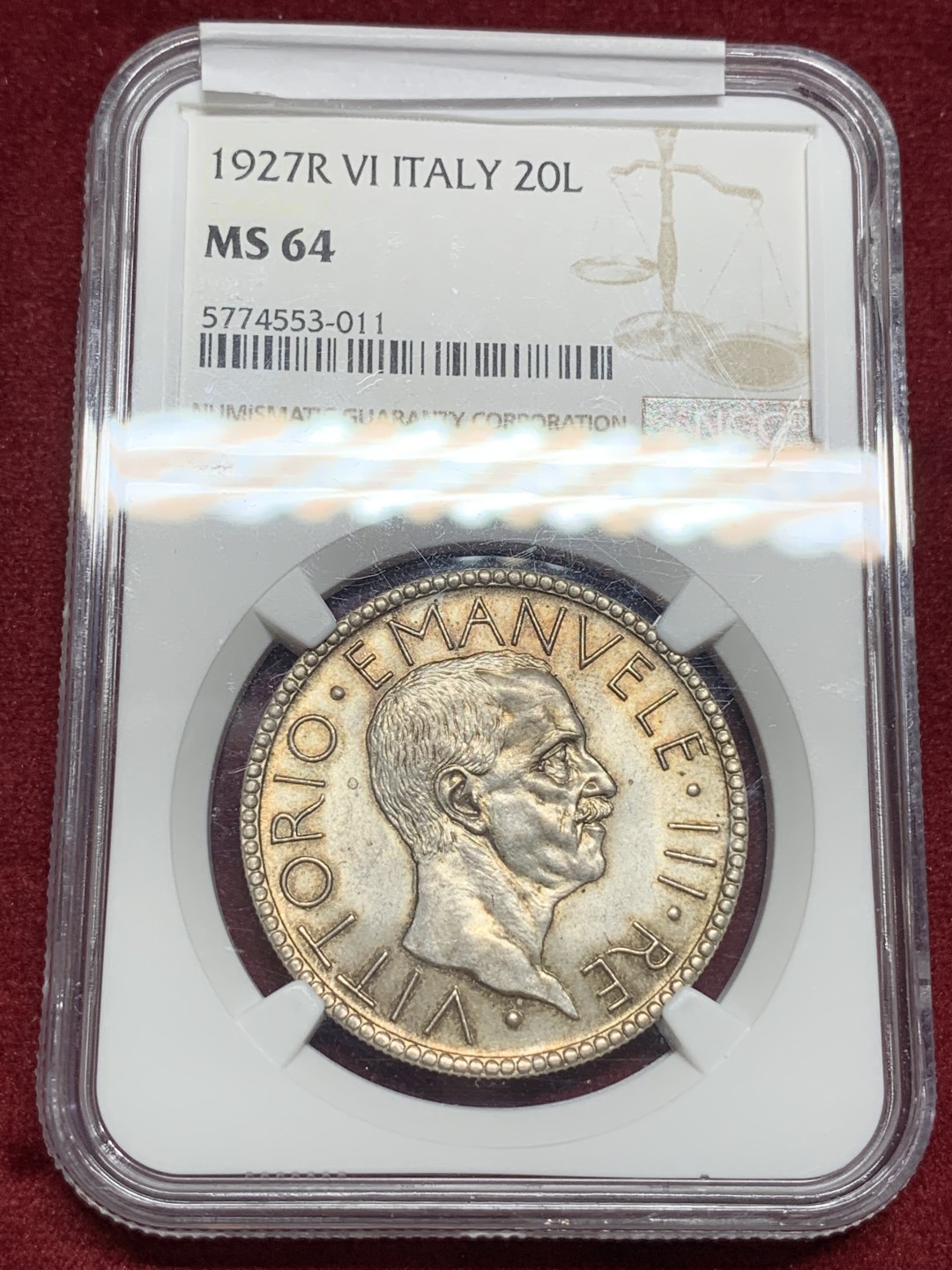 《竞宝斋》第77场-本周日，周一，周四3场拍卖（全场不限金额包邮） NGC-MS64 意大利 1927R 20里拉大银币 法西斯裸男 淡包浆可以收藏的状态 热门品种 意大利潜力巨大