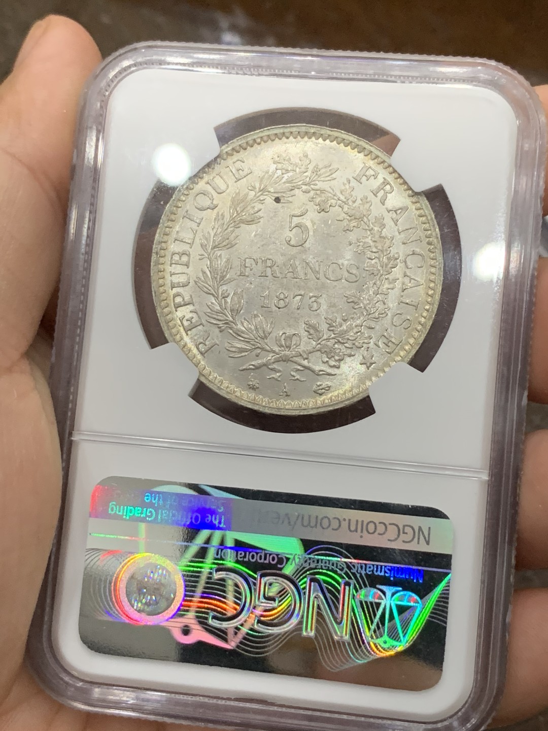 《竞宝斋》第77场-本周日，周一，周四3场拍卖（全场不限金额包邮） NGC-MS64 法国 1873年 大力神5法郎 银币 淡金色环彩 细节好 状态佳 
