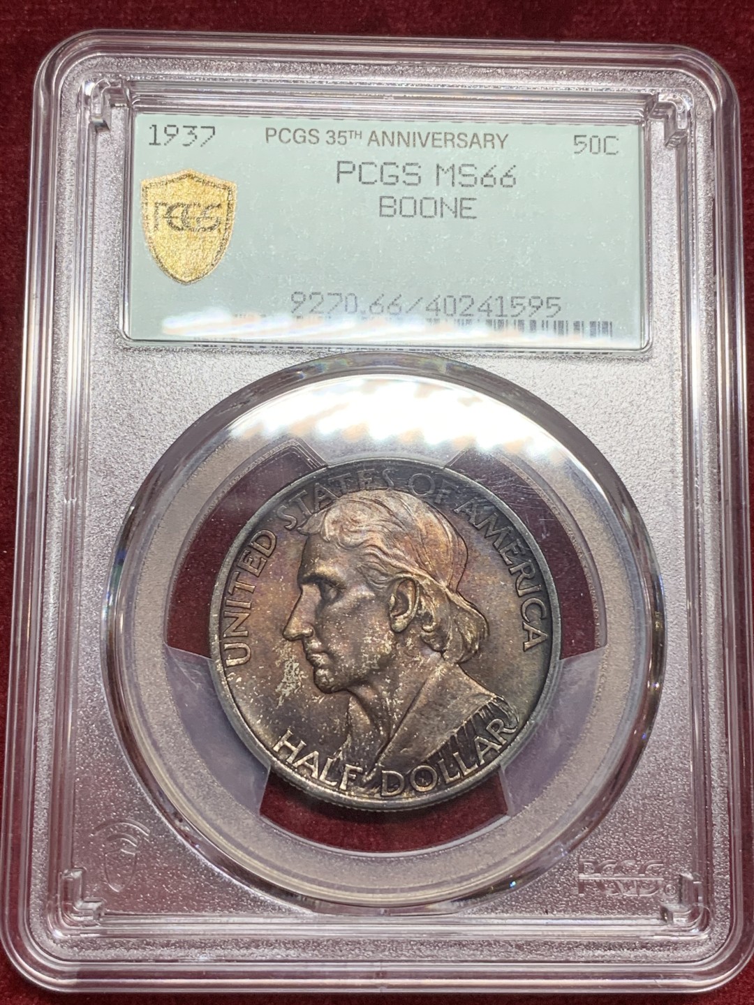 《竞宝斋》第77场-本周日，周一，周四3场拍卖（全场不限金额包邮） PCGS-MS66 美国 1937年 布恩 半美元纪念银币 高分+双面深红色包浆+35周年纪念标 一步到位