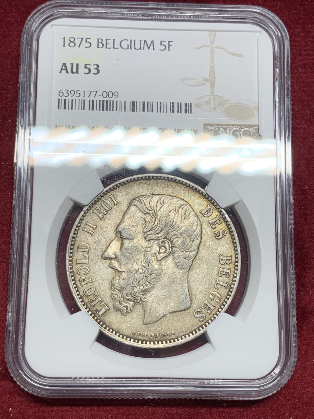 《竞宝斋》第77场-本周日，周一，周四3场拍卖（全场不限金额包邮） NGC-AU53 比利时 1875年 利奥波德二世 5法郎 大银币 原味好品