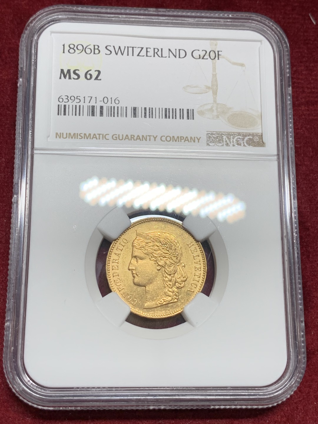 《竞宝斋》第77场-本周日，周一，周四3场拍卖（全场不限金额包邮） NGC-MS62 瑞士 1896年 早期自由女神头像 20法郎金币 早期高分 稀少