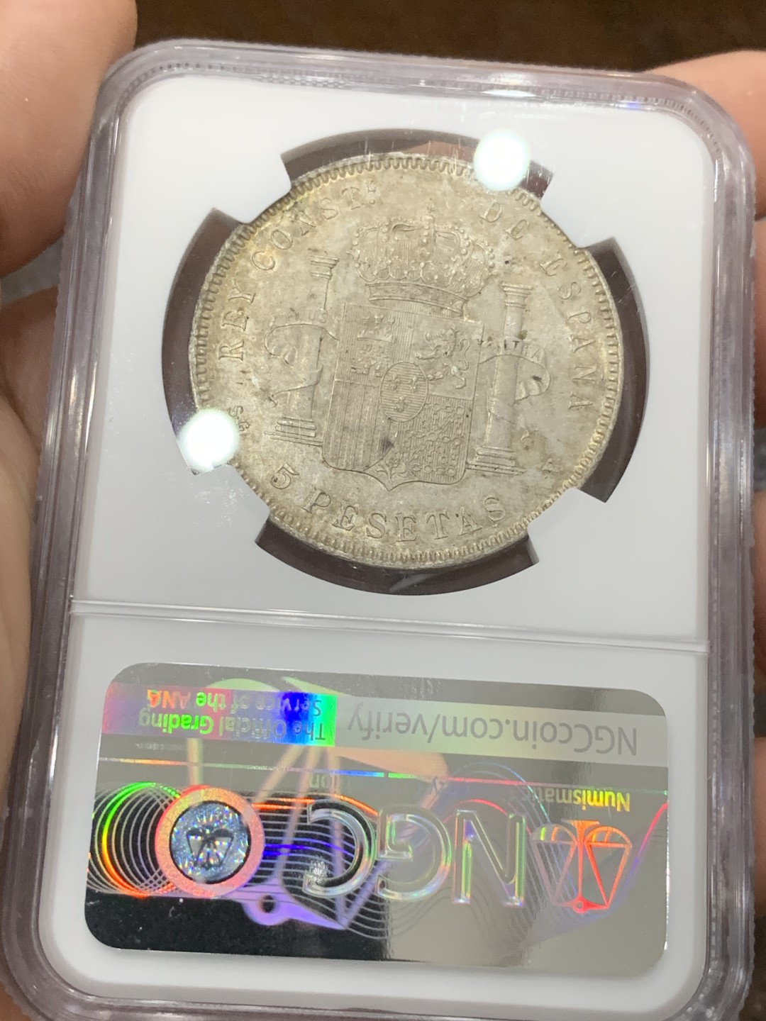 《竞宝斋》第77场-本周日，周一，周四3场拍卖（全场不限金额包邮） NGC MS61 西班牙 1899年 阿方索十三世 5比塞塔 银币淡彩包浆 细节很好