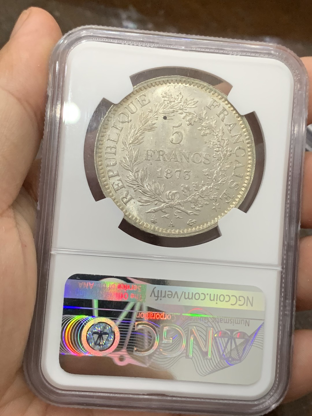 《竞宝斋》第77场-本周日，周一，周四3场拍卖（全场不限金额包邮） NGC-MS64 法国 1873年 大力神5法郎 银币 淡金色环彩 细节好 状态佳 