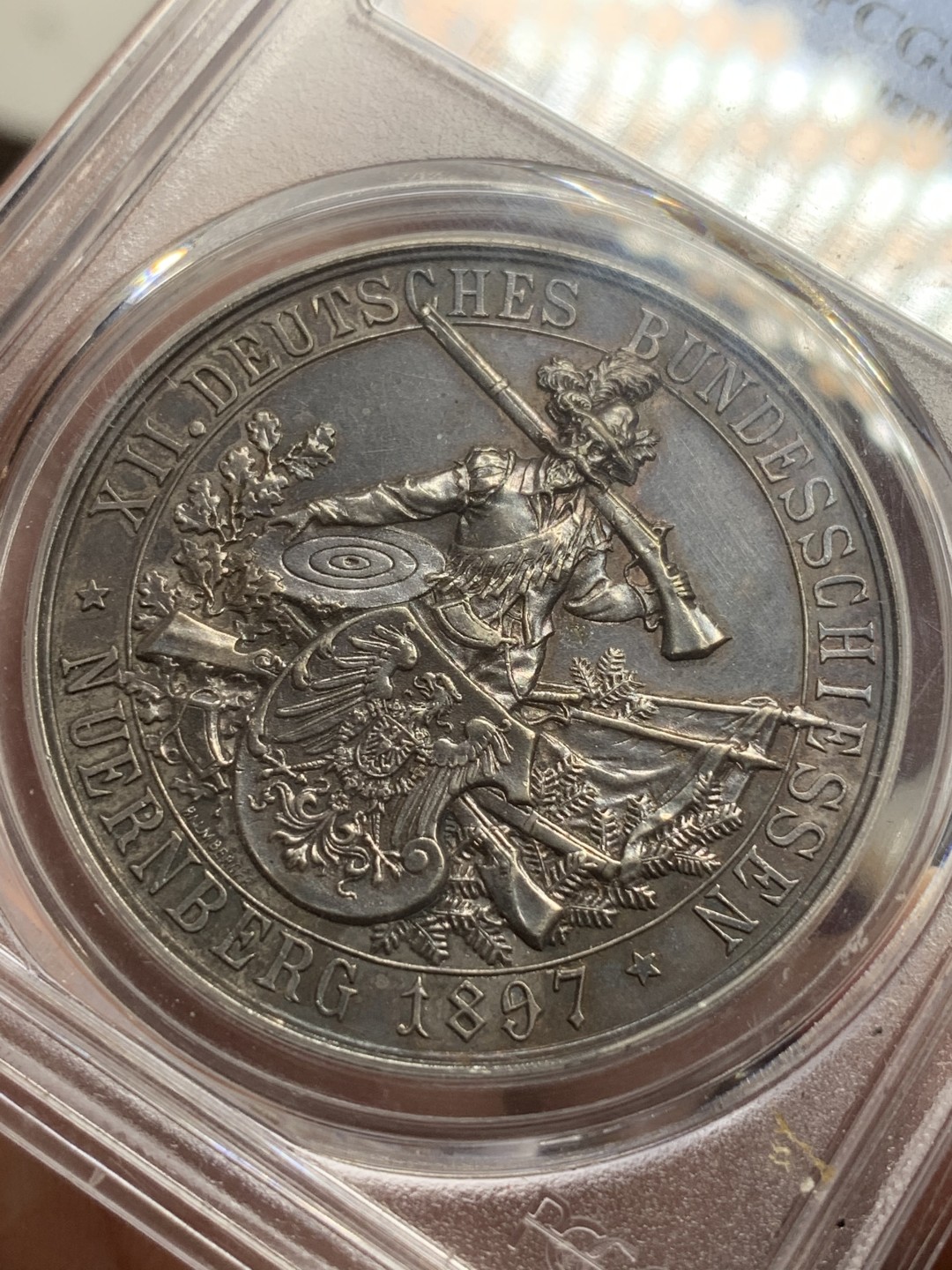 《竞宝斋》第77场-本周日，周一，周四3场拍卖（全场不限金额包邮） PCGS MS62 德国1897年 纽伦堡射击节景观银章 高点俱在非常难得