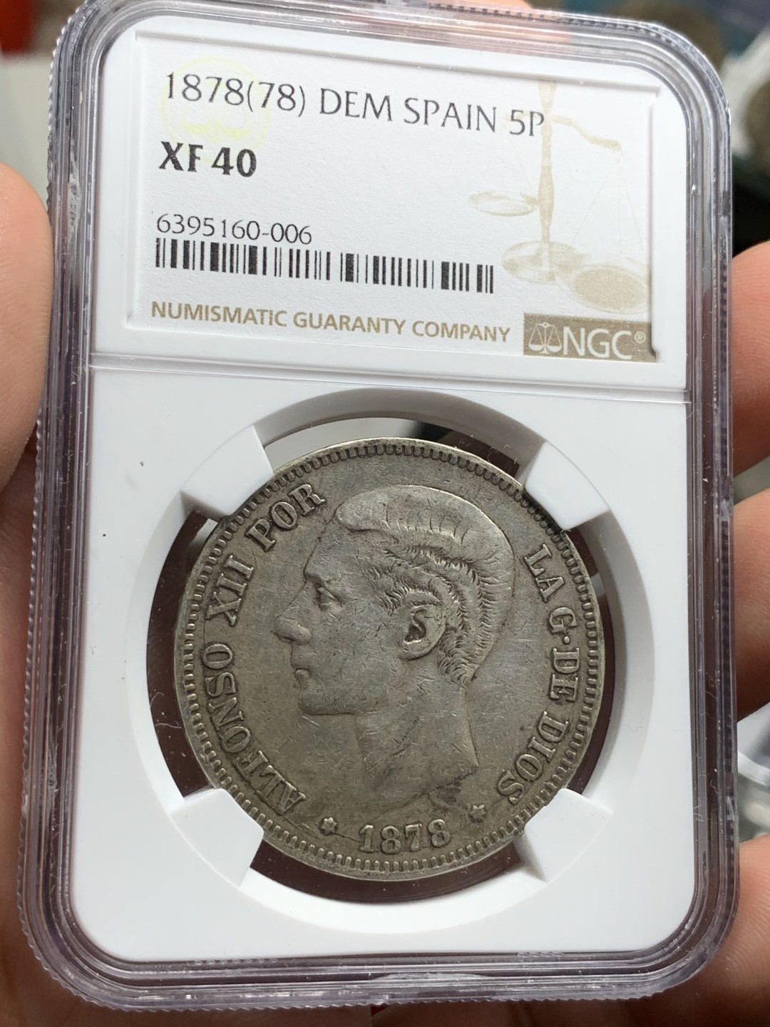 《竞宝斋》第77场-本周日，周一，周四3场拍卖（全场不限金额包邮） NGC-XF40 西班牙 1878年 阿方索十二世 5比塞塔双柱大银币 原味品