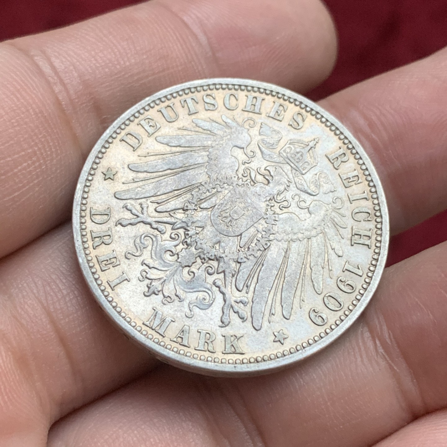 《竞宝斋》第77场-本周日，周一，周四3场拍卖（全场不限金额包邮） 德国威廉二世3马克银币，略带黄油光，1909年A厂。