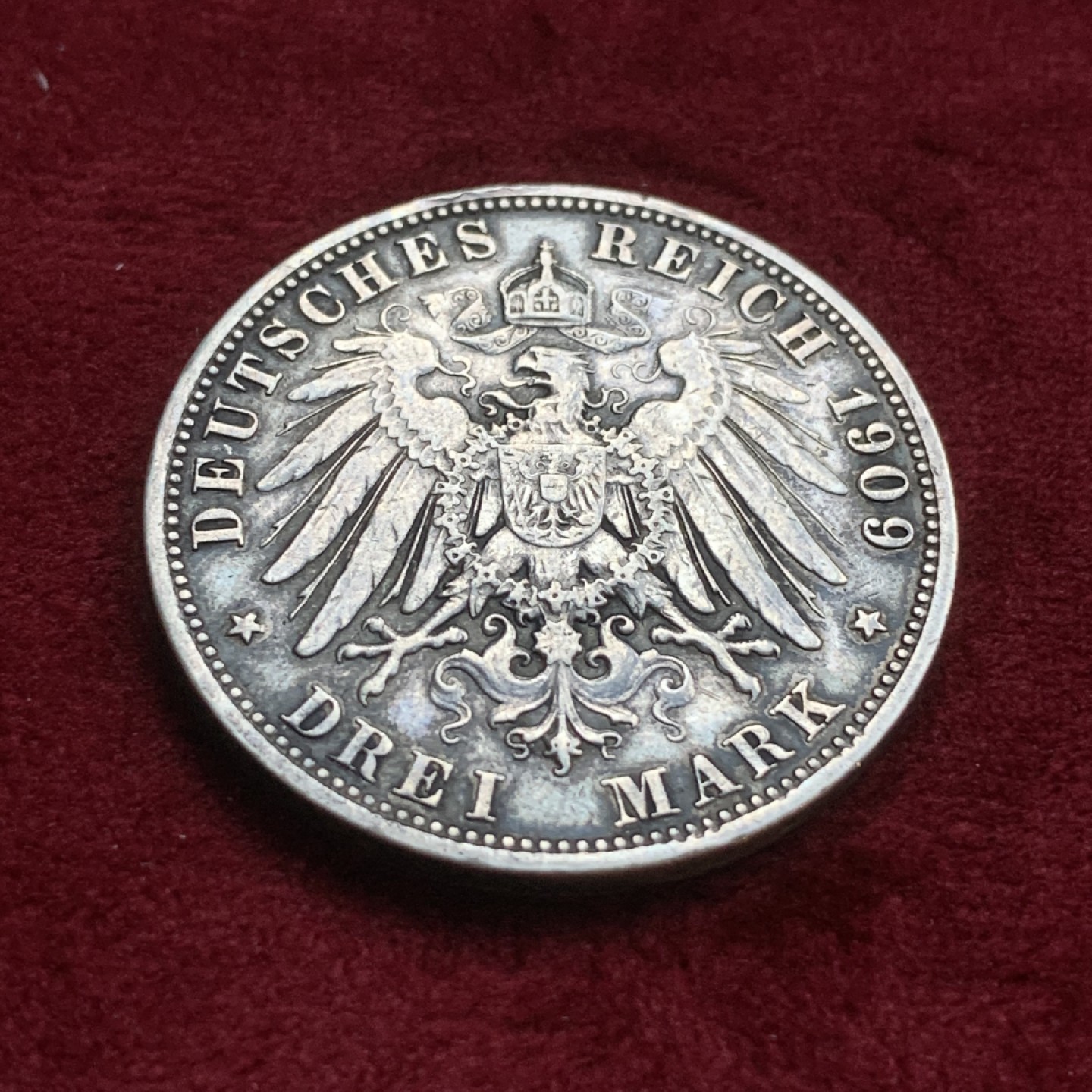 《竞宝斋》第77场-本周日，周一，周四3场拍卖（全场不限金额包邮） 德国巴伐利亚奥拓一世3马克银币，黑包浆，1909年D厂。