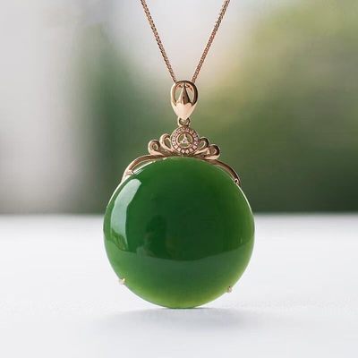 和田玉吊坠圆牌菠菜绿s925纯银玫瑰金镶玉俄罗斯碧玉项链女款 和田玉吊坠圆牌菠菜绿s925纯银玫瑰金镶玉俄罗斯碧玉项链女款