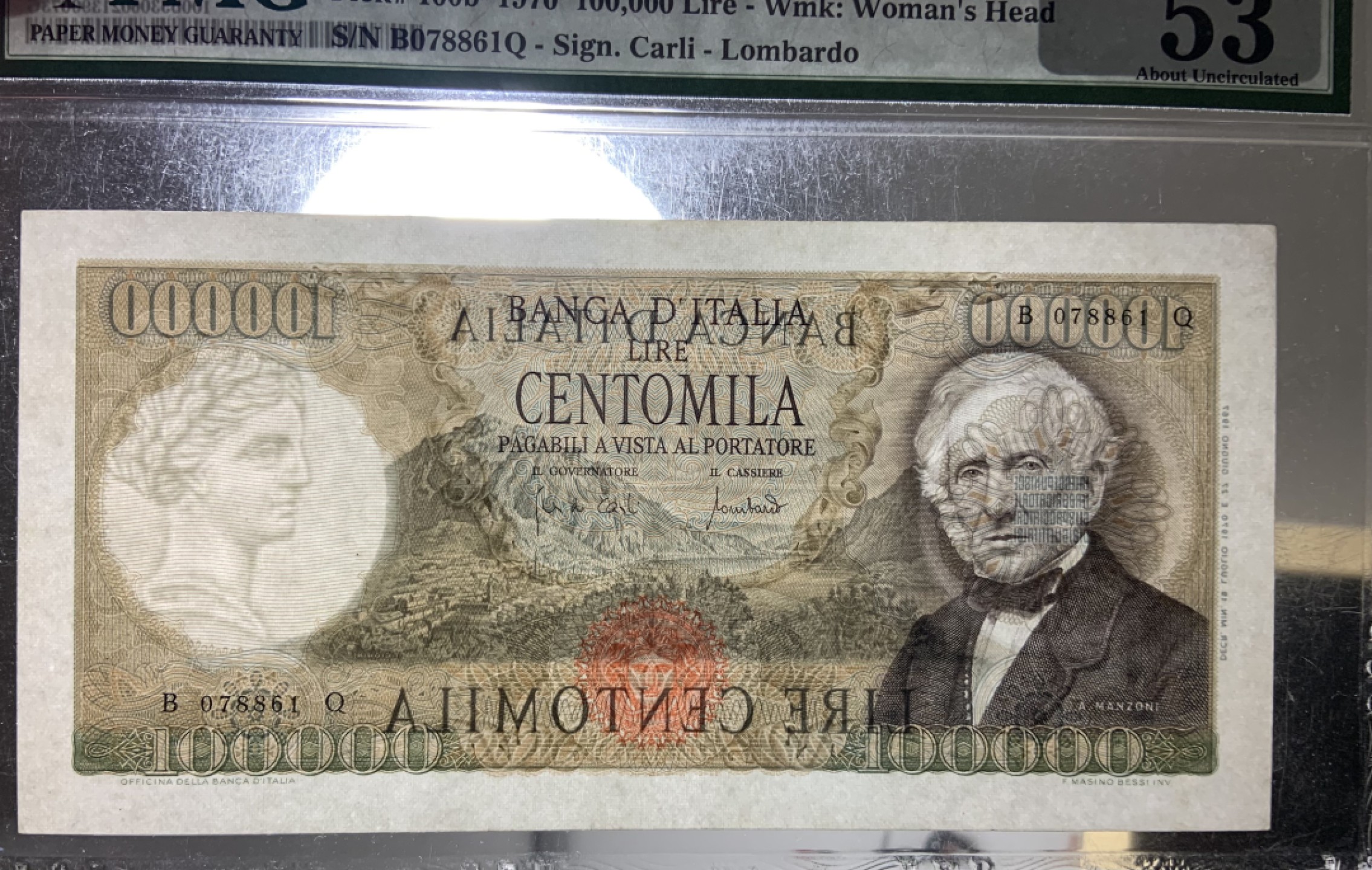 收藏联盟Quantum Auction 第179期拍卖 意大利1970年100000里拉 PMG53 曼佐尼 西欧三大人像雕刻代表作之一