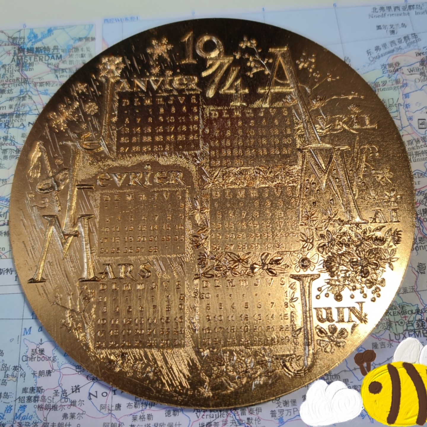 gush小明220727 法国1974日历镀金大铜章 品相不错边缘无磕碰
