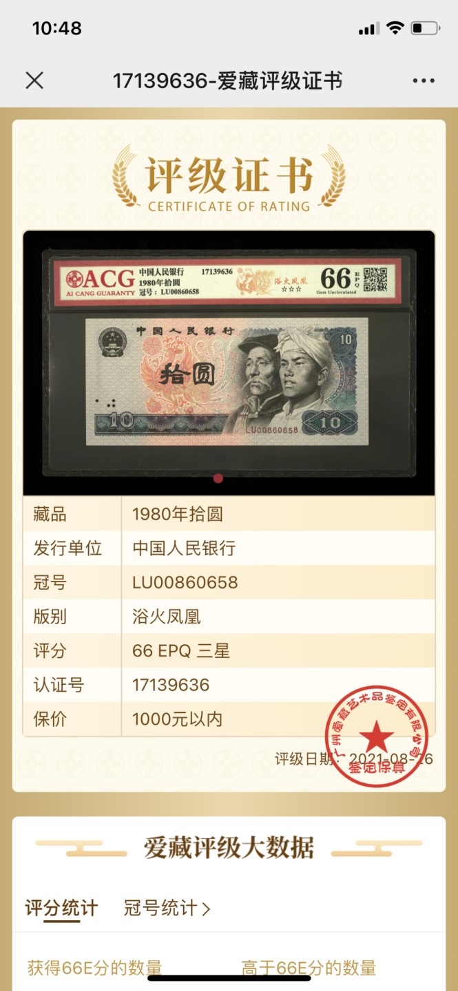 北极狼藏苑社第30期·第四套人民币专场 0059-第四套人民币 ·LU-00860658·三星浴火凤凰·爱藏66EPQ