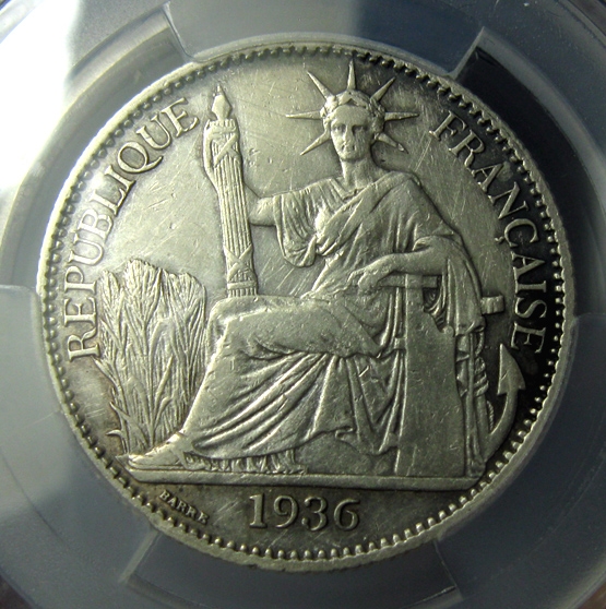 法属印支银币,1936坐洋50分,5角,约29.2mm,13.4g,中乾评级XF45-R8129i
