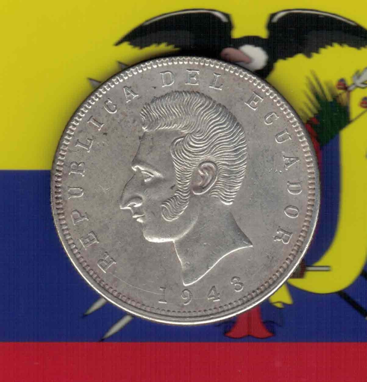 厄瓜多尔1943年5苏克雷 银币 重24.9克 银72% 直径37mm 实物图  