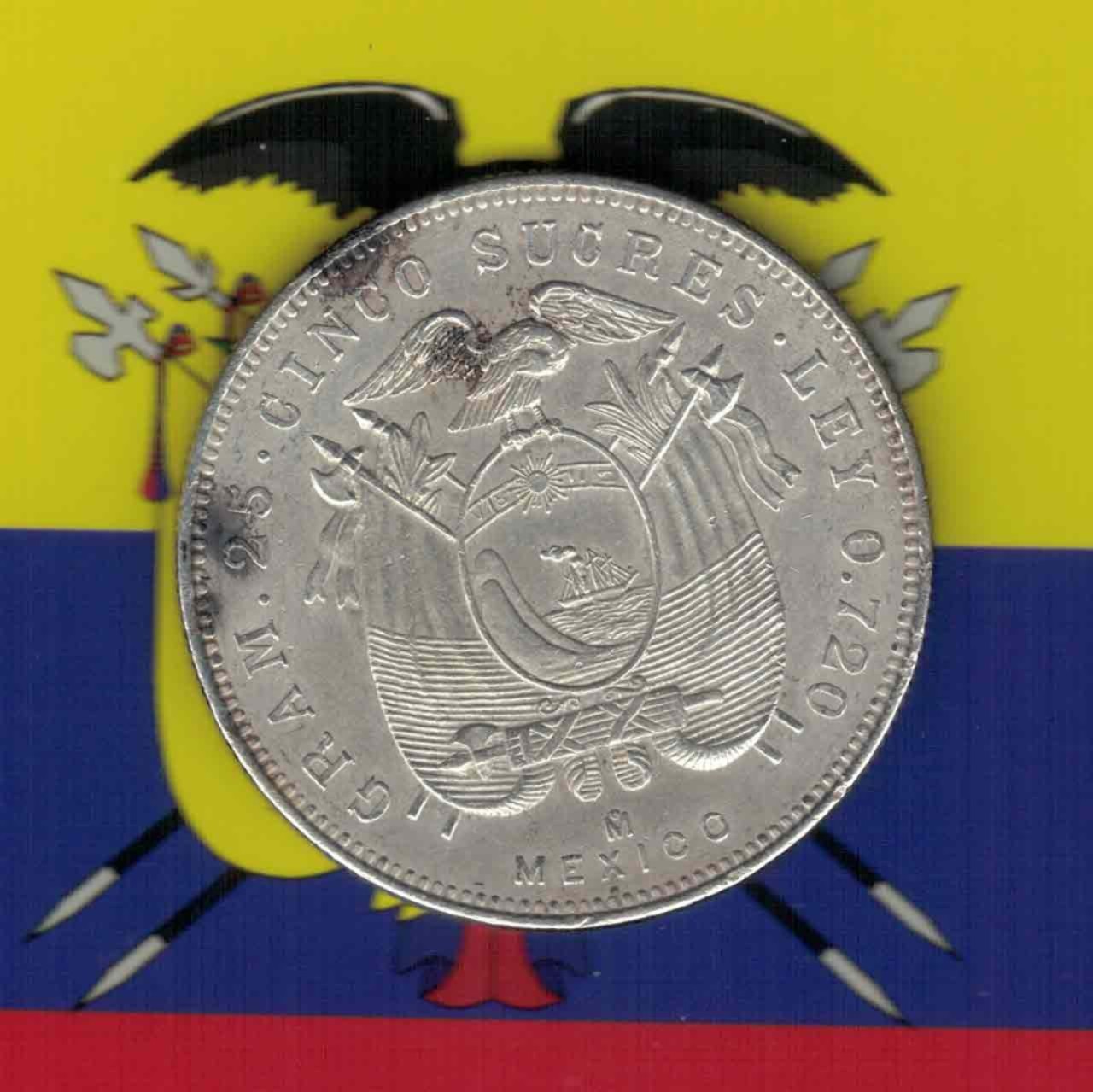 厄瓜多尔1943年5苏克雷 银币 重24.9克 银72% 直径37mm 实物图  