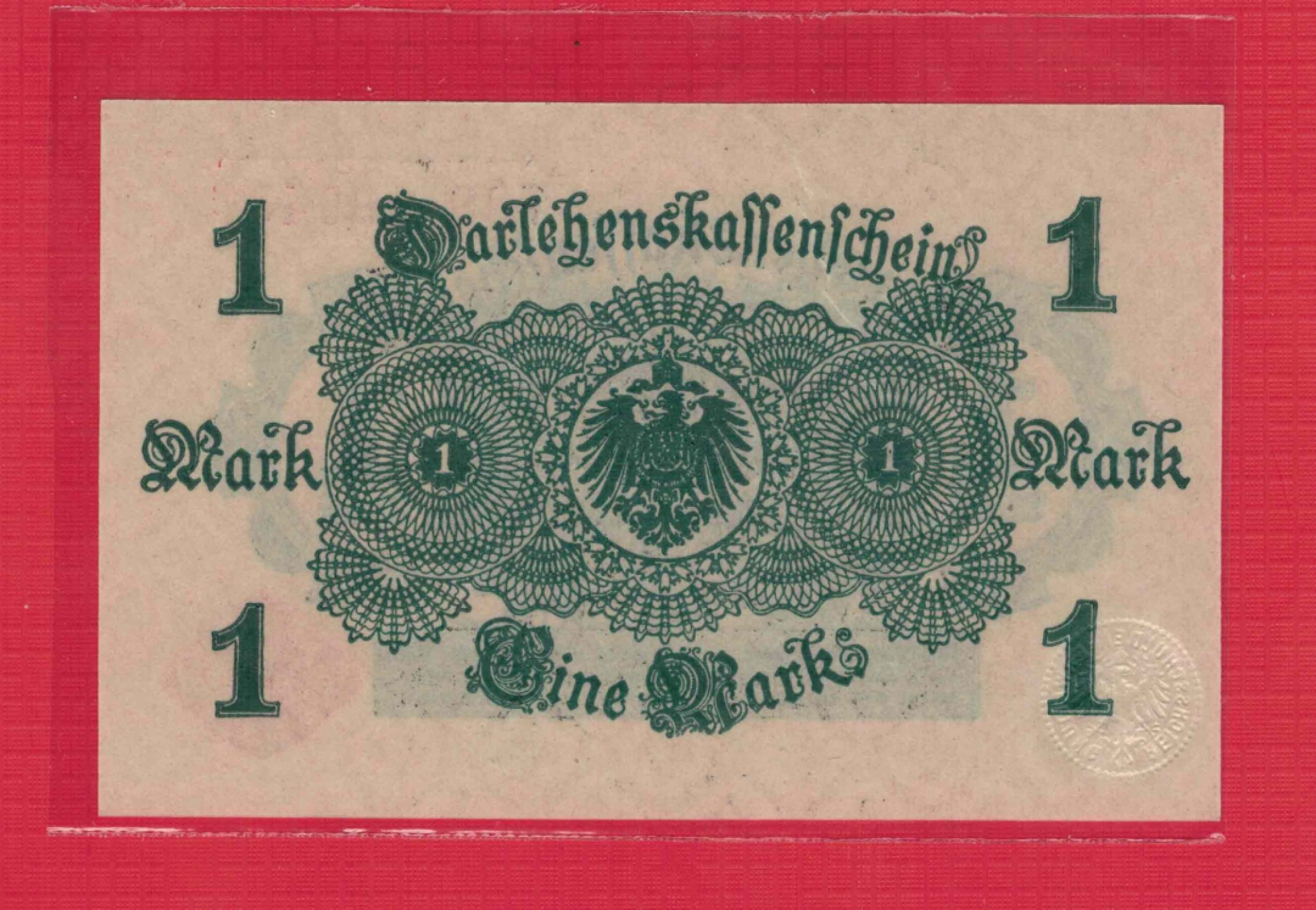 德国1914年1马克 红印 白底色 克劳斯目录P50 实物图 UNC   