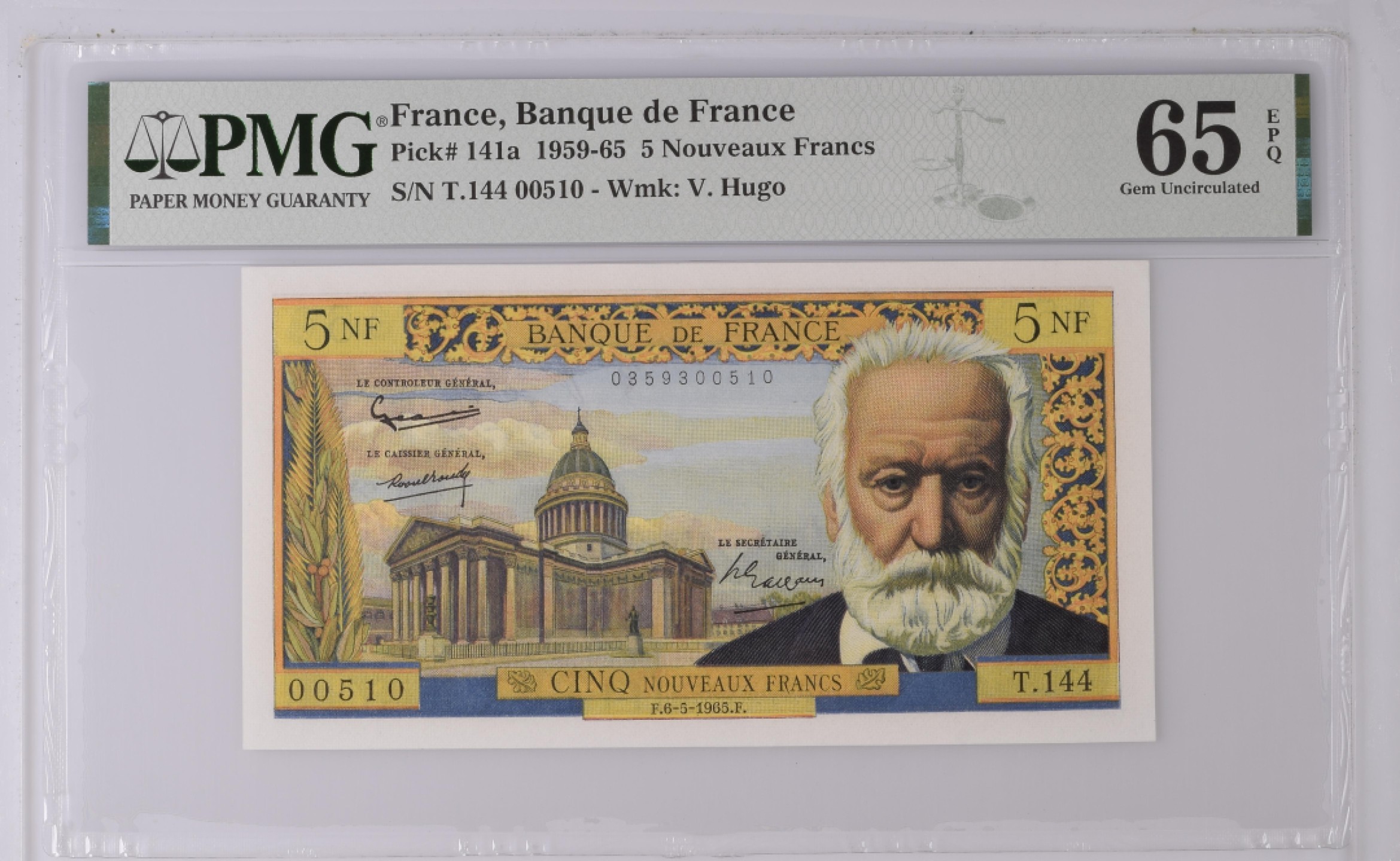 收藏联盟Quantum Auction 第180期拍卖 今晚七点开拍 法国1965年5法郎 PMG65 雨果